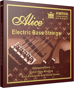 Alice Bass Guitar String 4 Strings Set, Hexagonal Core with Nickel Alloy Winding, 040-95 Light Gauge, Saturated & Warm