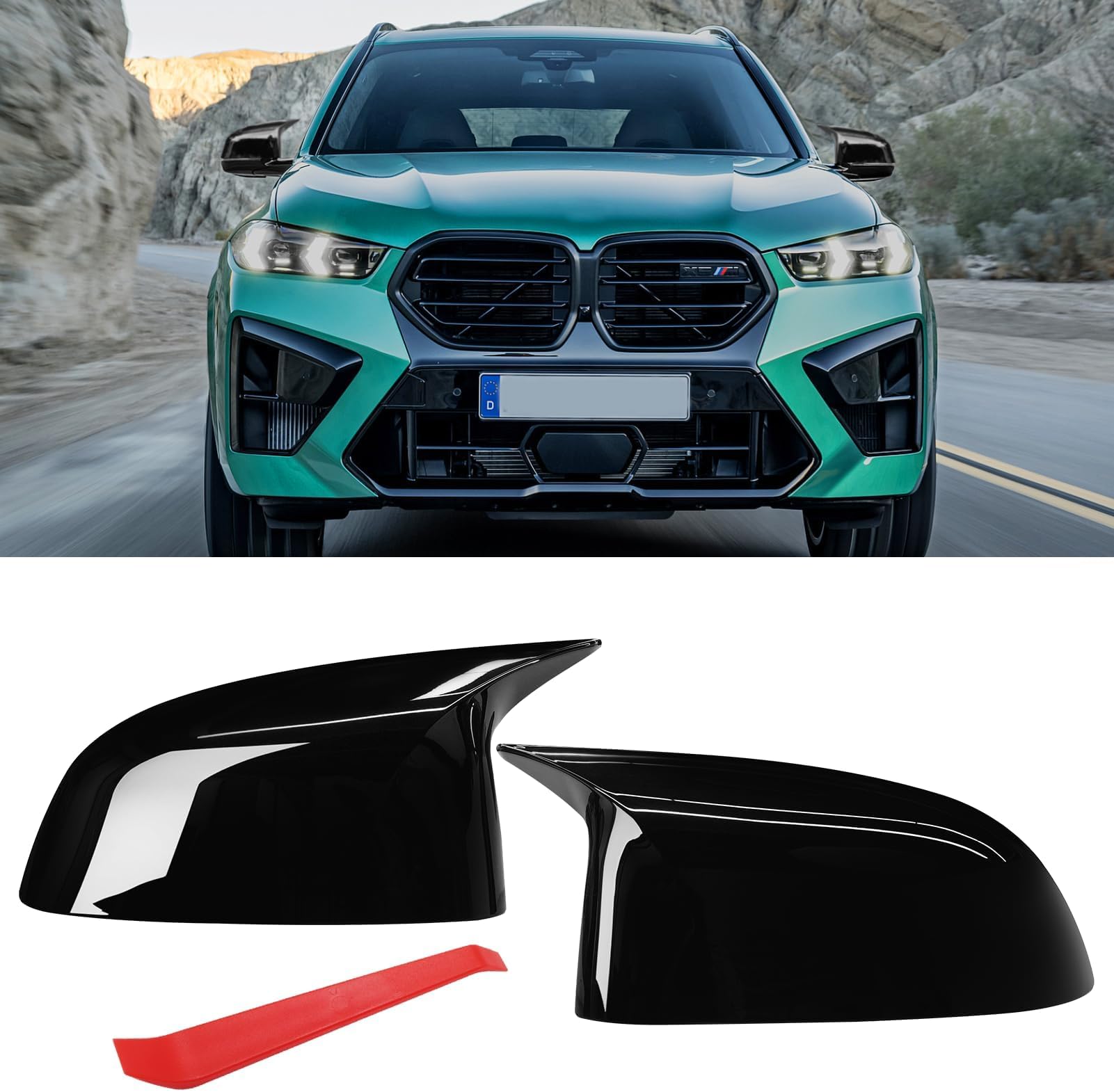 Jaronx Compatible with BMW Mirror Cover X3 G01/X4 G02/X5 G05/X7 G07 2019-2024,X6 G06 2020-2024,M Style Glossy Black Rearview Mirror Caps for BMW, Horn Clip-on Left Driver and Right Passenger