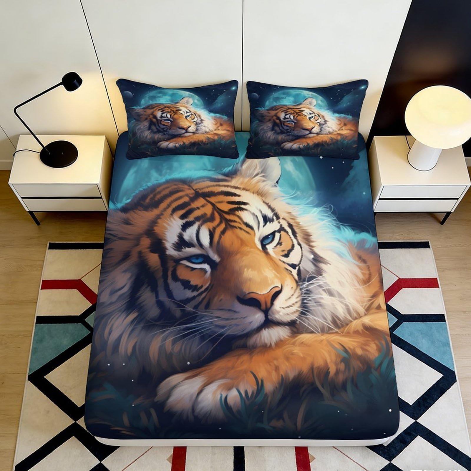 3D Printed Tiger Jungle Fitted Sheet Microfiber Soft Breathable Wild Cat Bed Cover for Bedroom Guest Room Decor 90x200x25cm