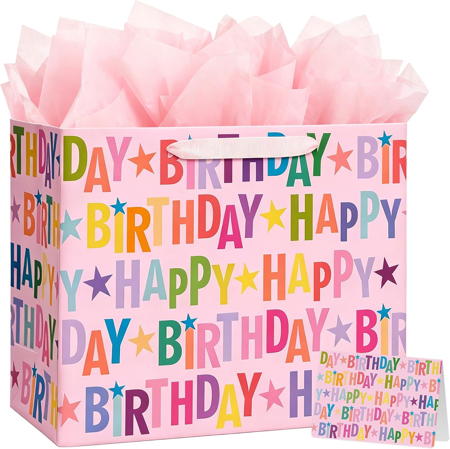 16.5" Extra Large Happy Birthday Gift Bag Set with Greeting Card and Tissue Paper, Colorful Lettering Design for Girls, Kids and Adults Birthday Celebrations