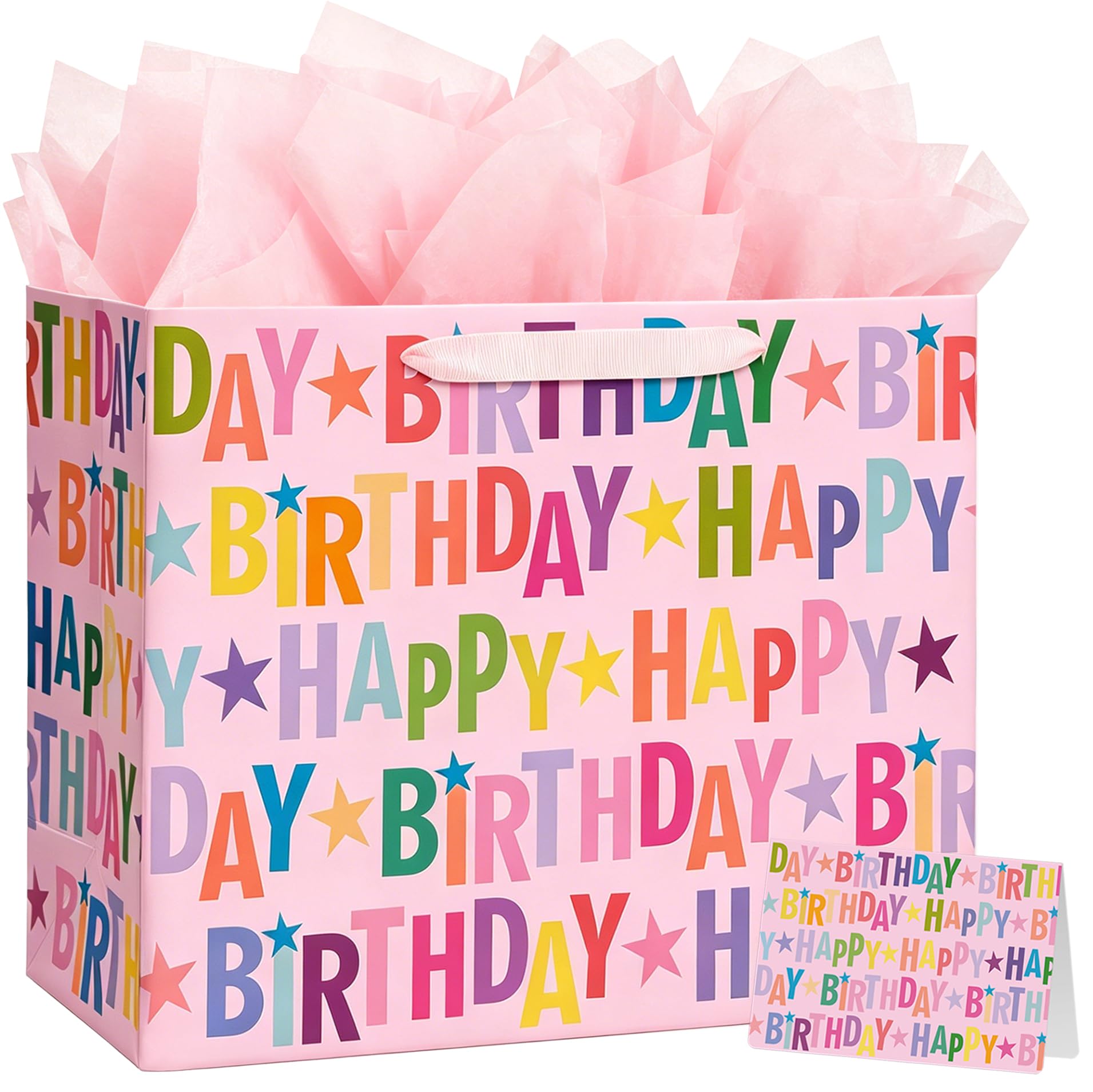 Juego de bolsas de regalo de cumpleaños extragrandes de 16.5 pulgadas con tarjeta de felicitación y papel de seda, diseño de letras coloridas para celebraciones de cumpleaños de niñas, niños y adultos