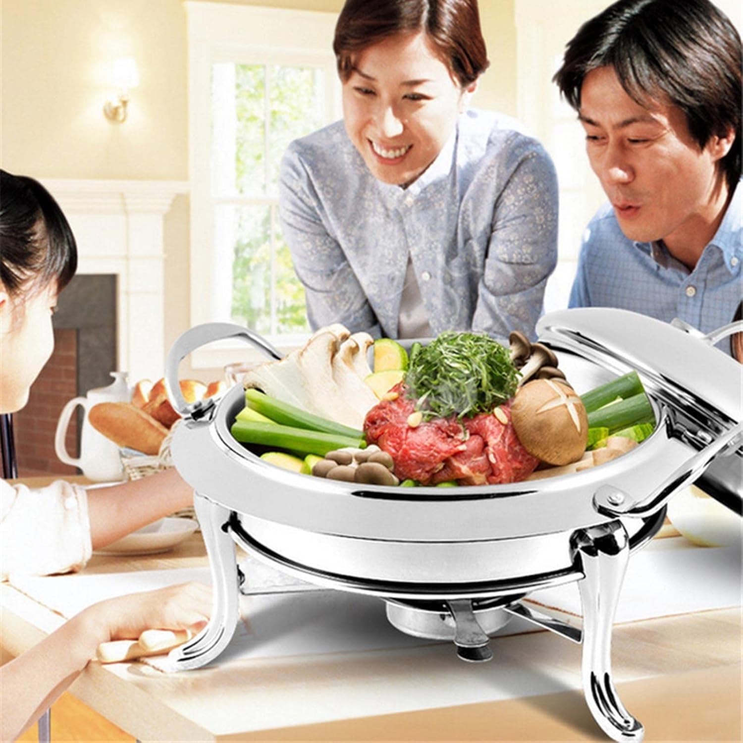 Juego de platos para bufé con sartén de acero inoxidable, tapa y soporte de combustible para fiestas de restaurantes, bodas, eventos de catering