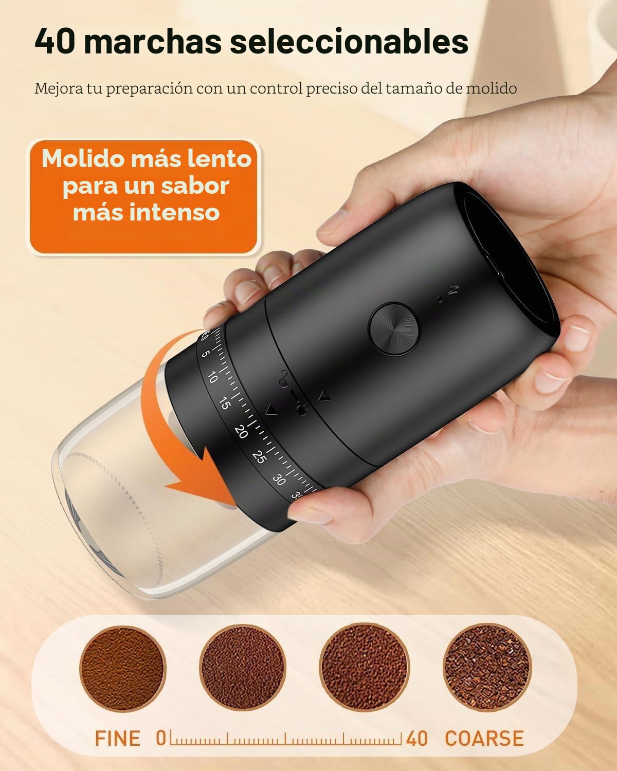 Pawfly Molinillo de granos de café recargable, molinillo de café eléctrico ajustable de 40 engranajes, molinillo de café cónico de cerámica de parada automática con cepillo de limpieza, molinillo de
