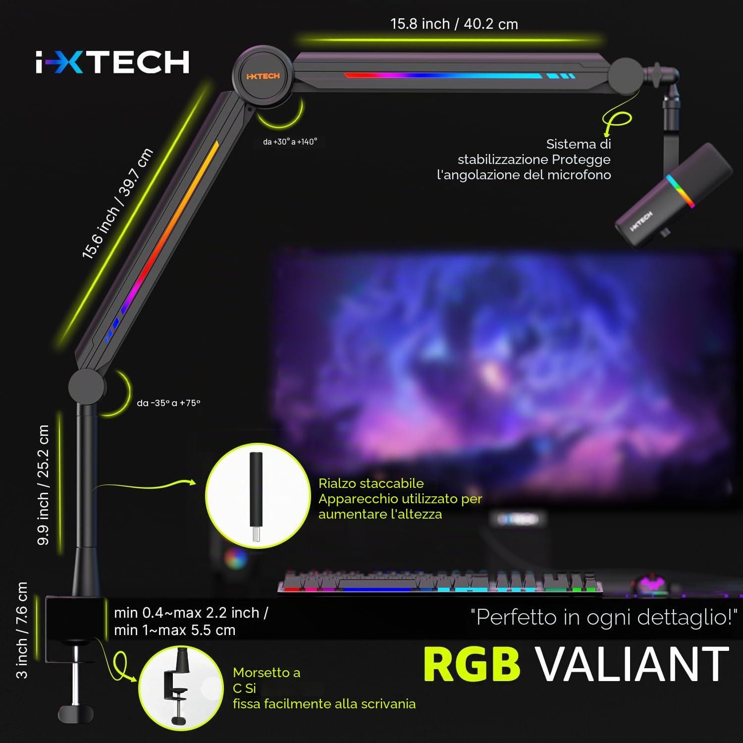 IXTECH Supporto per microfono RGB ad alto profilo, braccio per microfono da scrivania, supporto regolabile per microfono con supporto da scrivania, braccio per microfono per live streaming gaming