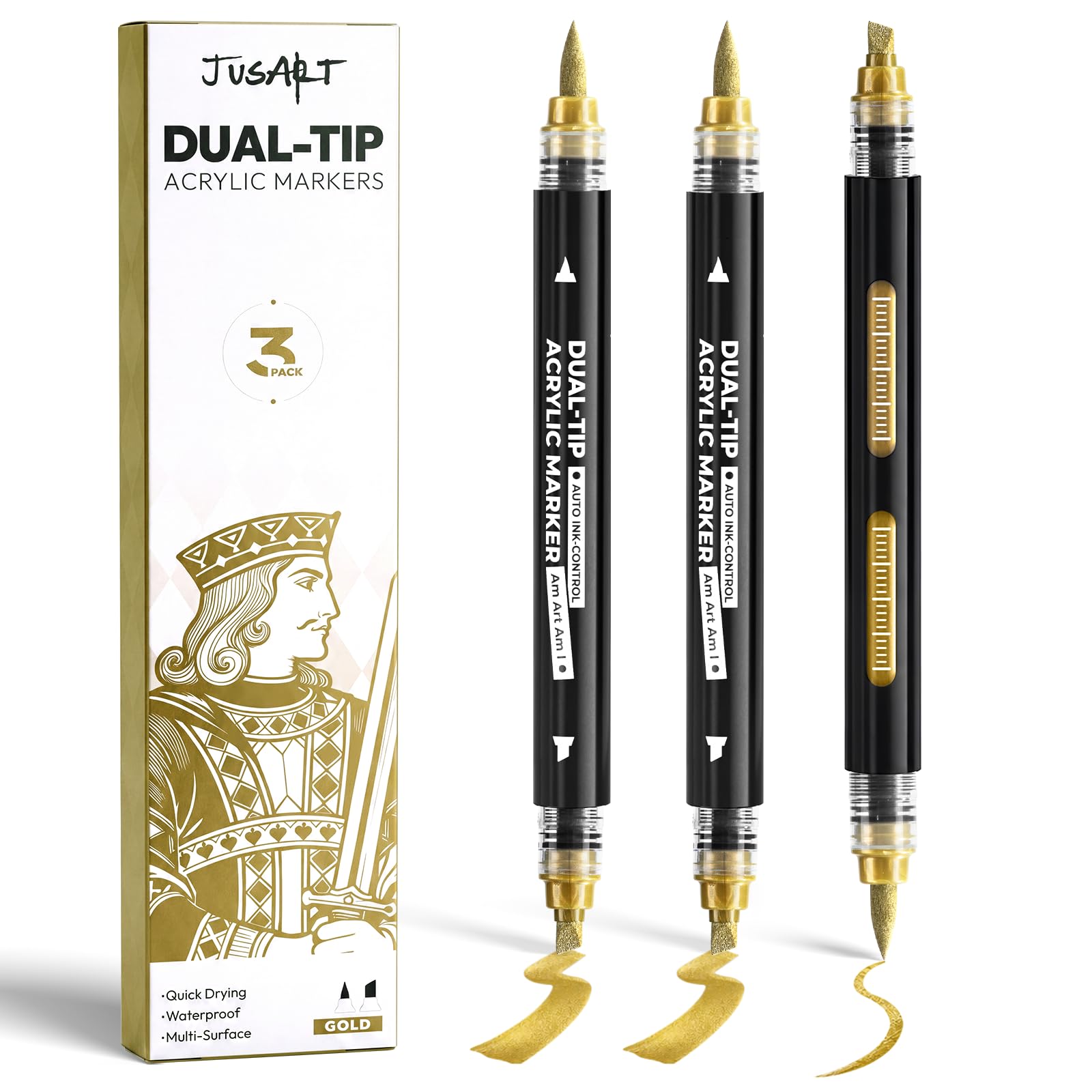 3 Gold Dual-Tip Acrylic Paint Markers, Automatic Ink Control