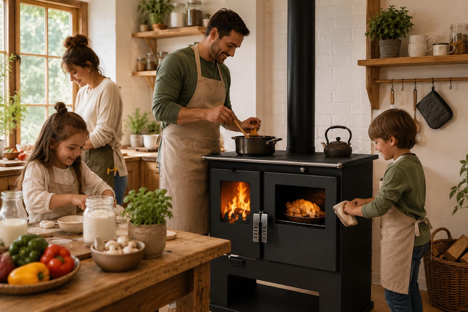 Verso CS Stufa a legna con forno 7,7 kW, 82,2% di alta efficienza, corpo in acciaio robusto, piano cottura in metallo e forno con termometro, riscaldamento per camino per 135-165 m³, scarico fumo da