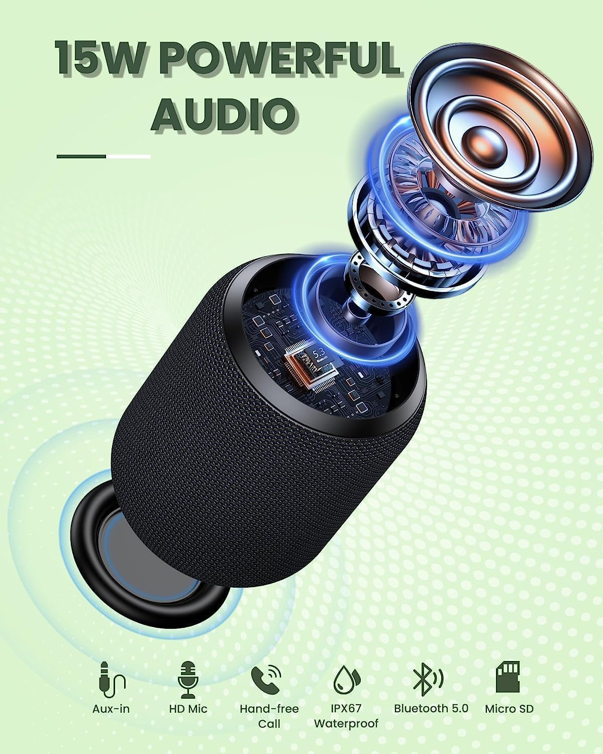 Close-up view of the NOTABRICK Bluetooth Speaker's control panel and lanyard attachment point.