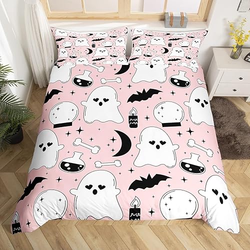 Miniatura 3 de Funda de edredón de fantasma blanco, juego de ropa de cama de murciélagos negros para niños, funda de edredón de Halloween para decoración de