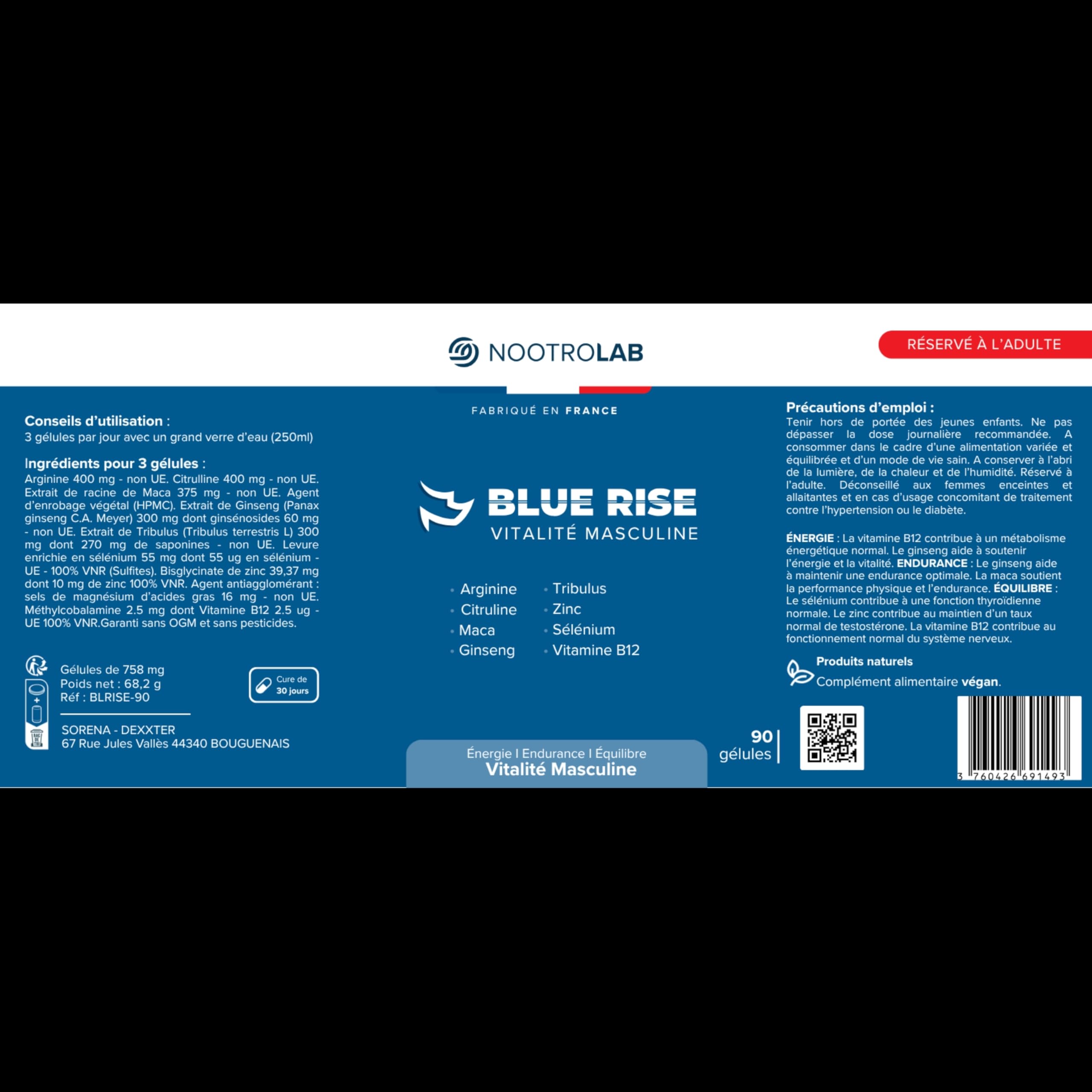 Blue Rise Nootrolab – Vitalité Masculine & Libido – Maca, Ginseng, Tribulus, Arginine, Citrulline – Zinc, Sélénium, Vitamine B12 – Énergie, Endurance, Testostérone – 90 Gélules – Fabriqué en France