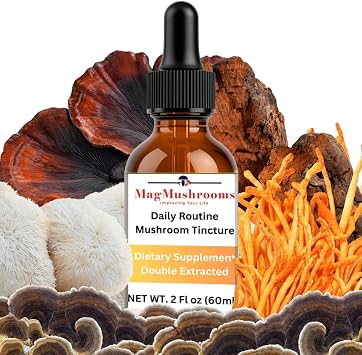 Daily Routine Mushroom Tincture, High Potency, Double Extracted, 60 Daily Doses, Blend of Lions Mane, Cordyceps, Reishi, Turkey Tail, and Chaga