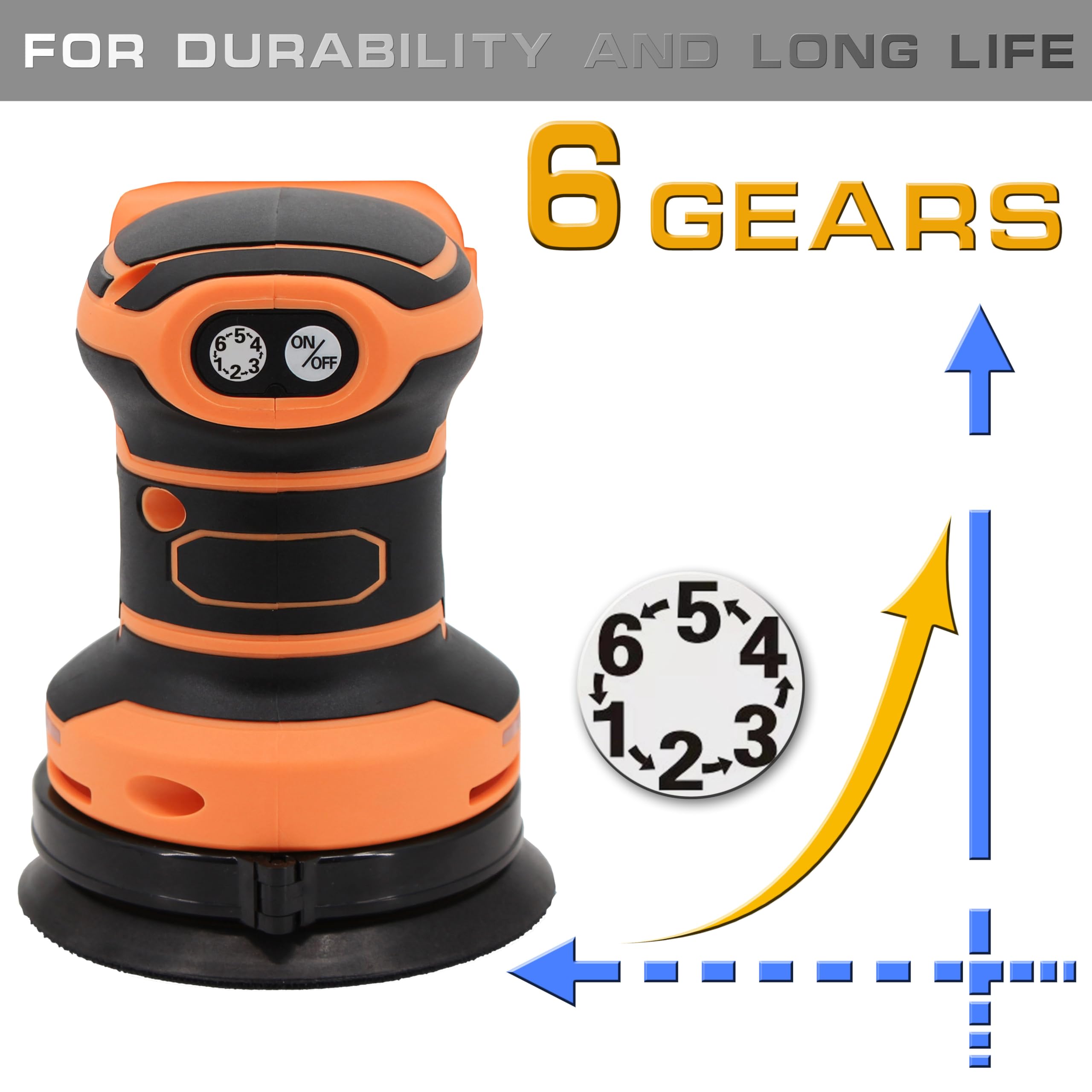 Lijadora orbital aleatoria, motor sin escobillas inalámbrico, 6 velocidades máximo, 13500 RPM, lijadora eléctrica de 5 pulgadas con colector de polvo para batería Dewalt (batería no incluida)
