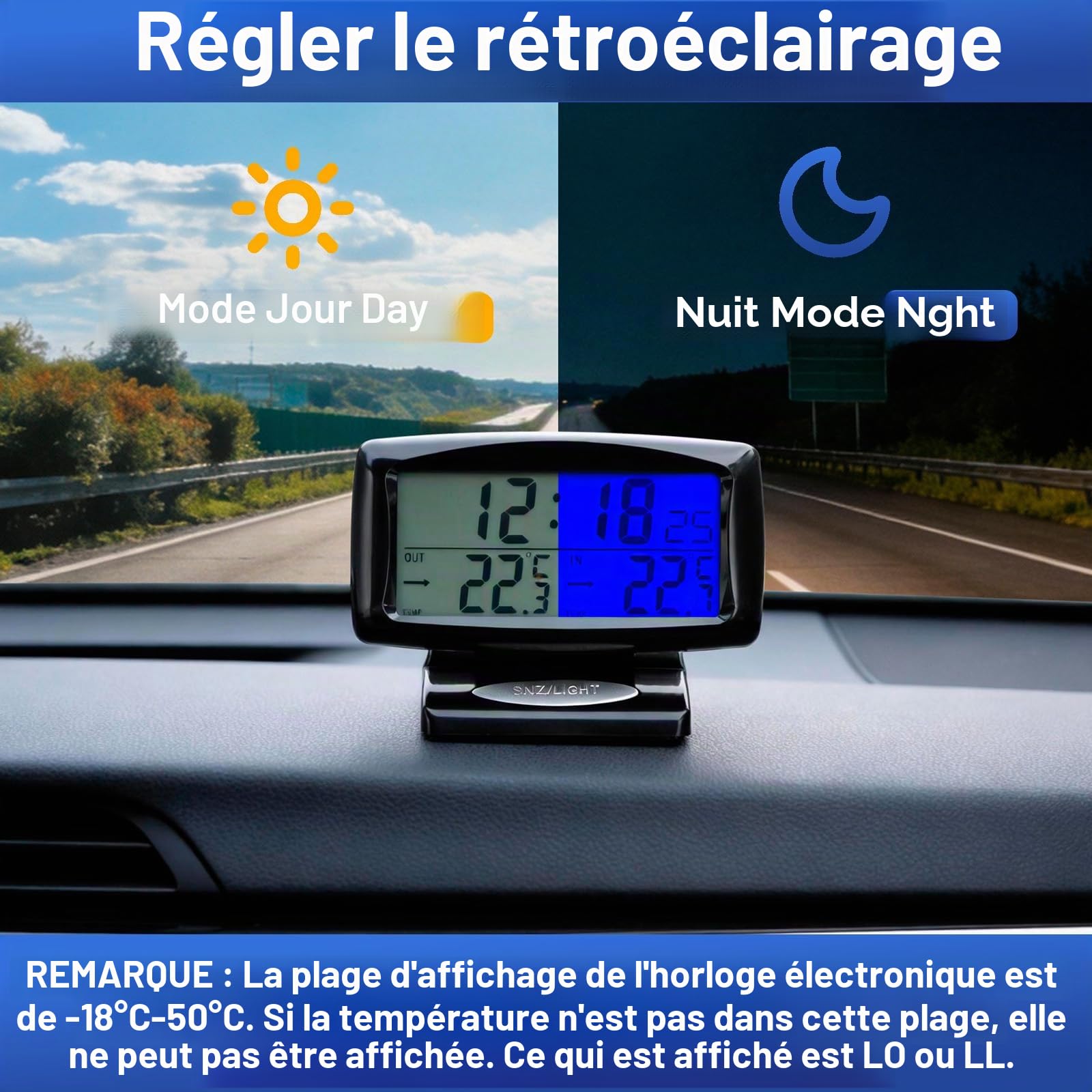 Riloer Thermomètre d'horloge de voiture, Horloge voiture numérique 2 en 1 et Themp avec écran LED pour voiture intérieur extérieur maison
