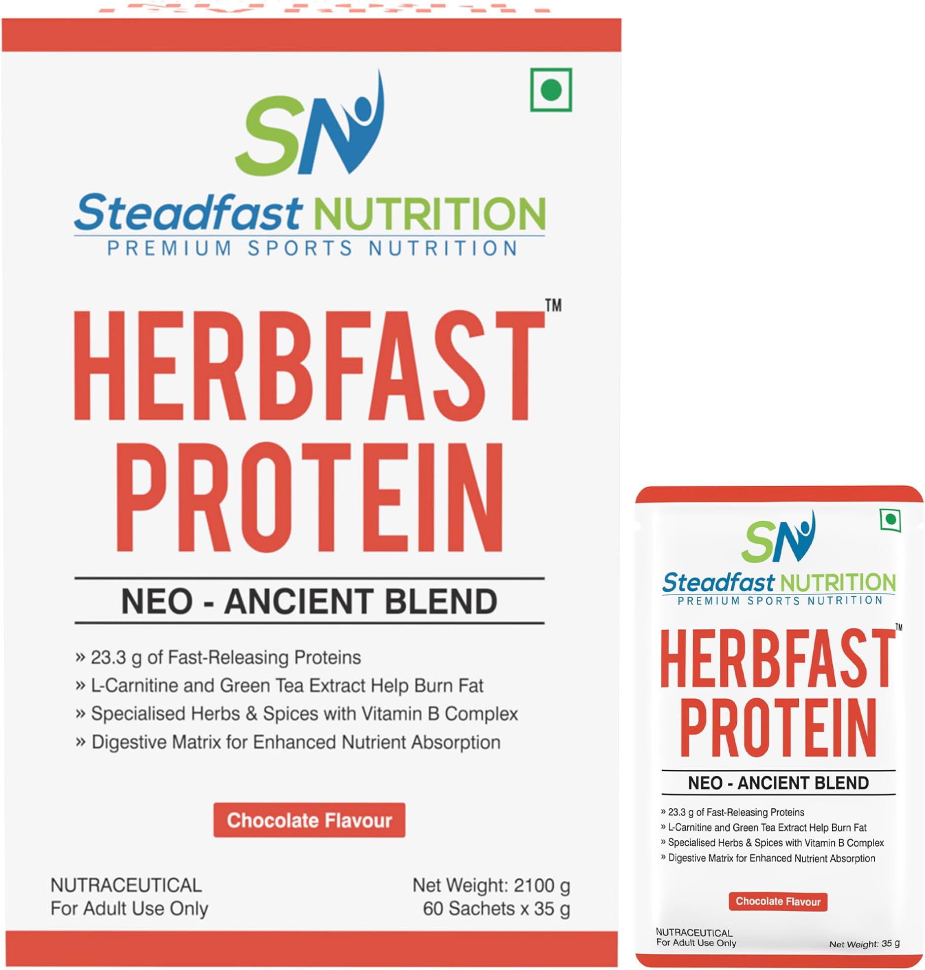 Steadfast Nutrition Herbfast Whey Protein | Fast-release whey proteins for lean muscle growth, With Ashwaganda, Curcumin, Cinnamon | Chocolate Flavour (60 Sachets) (FREE NEON SHAKER)