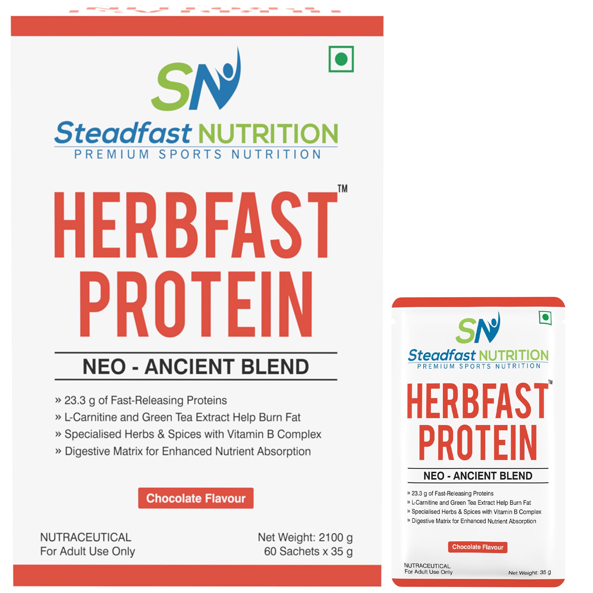 Steadfast Nutrition Herbfast Whey Protein | Fast-release whey proteins for lean muscle growth, With Ashwaganda, Curcumin, Cinnamon | Chocolate Flavour (60 Sachets) (FREE NEON SHAKER)