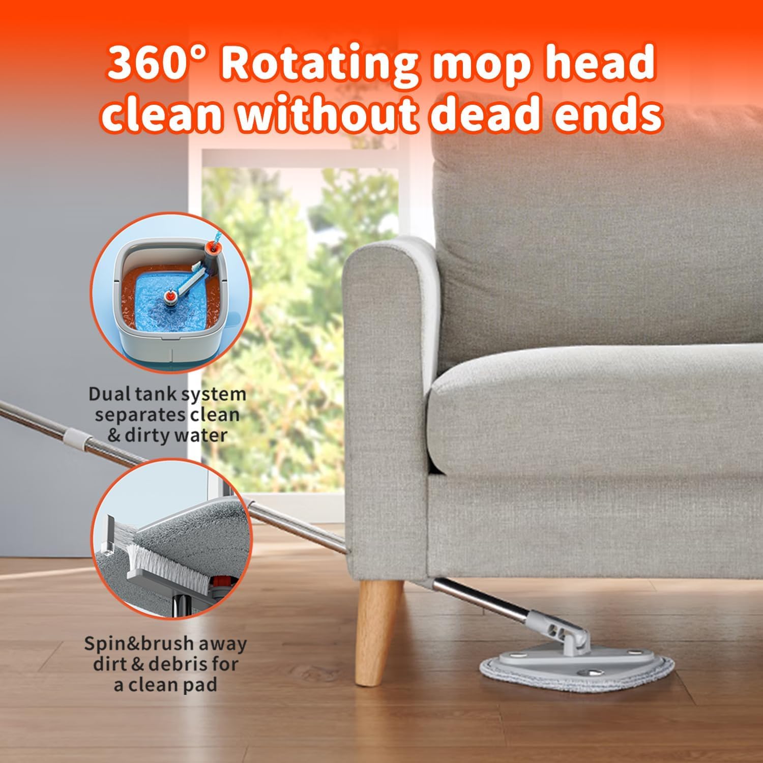 Trapeador giratorio y cubo con sistema de agua sucia y limpia M16, autoseparación, cabezal de fregona limpio giratorio de 360° y juego de cubo para suelos de mármol de baldosas de madera dura (gris)