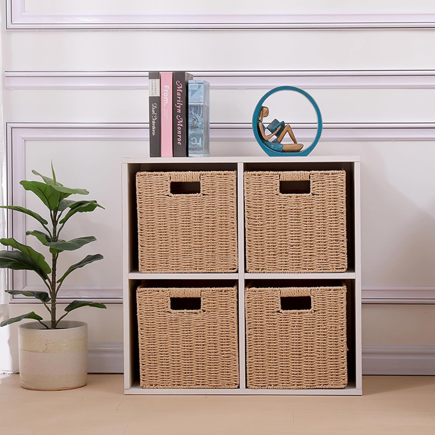 Wicker Storage Baskets 4-Pack Handwoven Paper Rope Organizer Bins,Foldable Square Cubes with Built-in Handles for Shelves and Closet,11''x11''x11''(4)