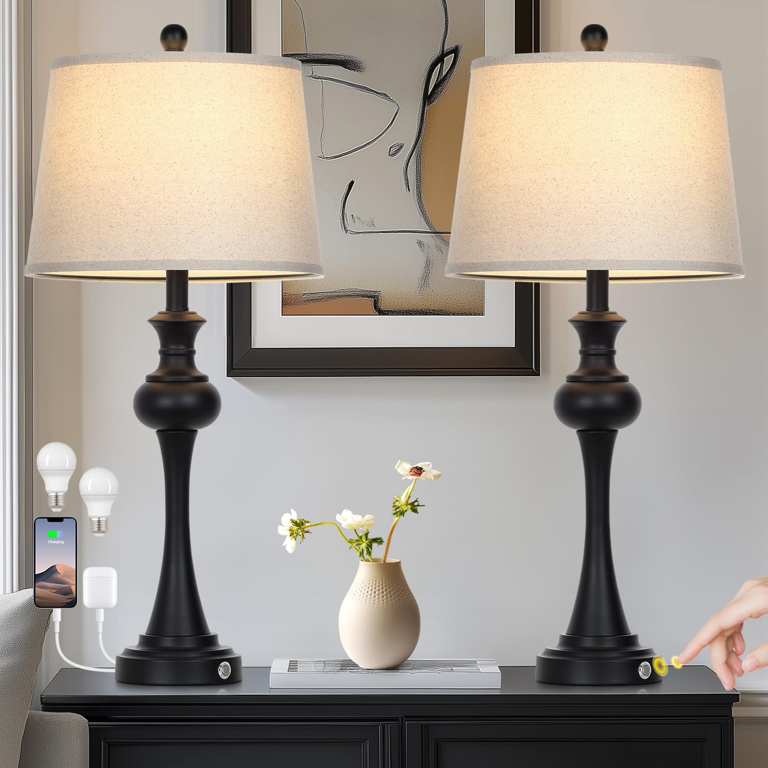 Photo 1 of 28.75 " 3-Way Touch Control Modern Table Lamp Set of 2 for Living Room , Bedside Lamp with USB A+C Ports, Mid Century Black Table Lamps, Nightstand Lamps Set ,Beige Fabric Shade Vintage Accent Style
