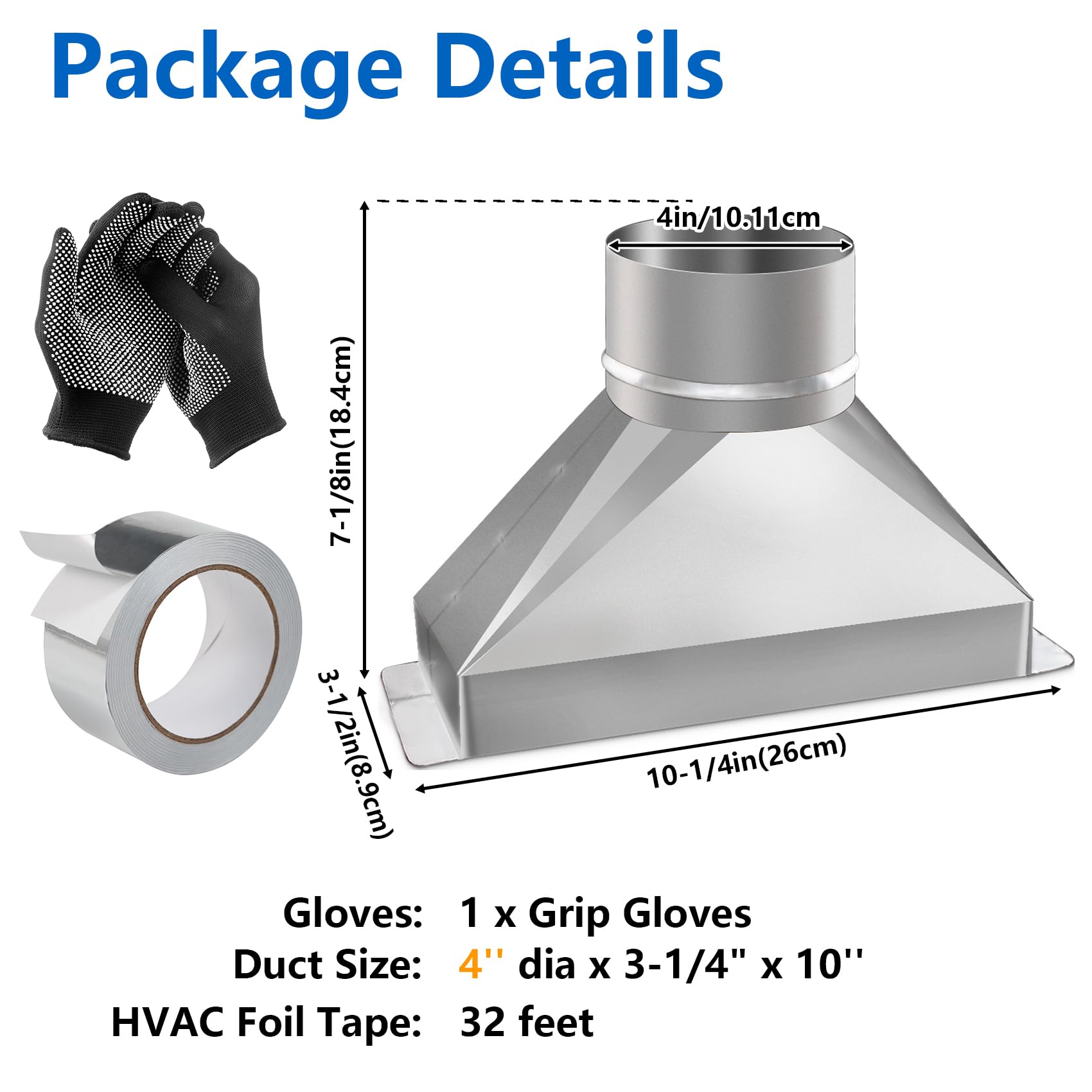 Kit de ventilación rectangular de microondas de 4 pulgadas a 3-1/4 x 10 pulgadas con cinta de aluminio de 32 pies y guantes de trabajo, kit de transición galvanizado, accesorios de conducto de