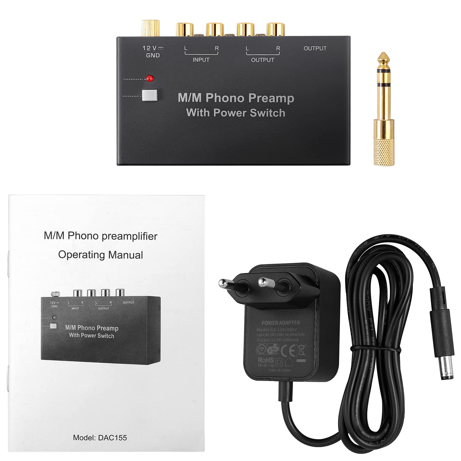 Preamplificador de Fono Ultracompacto con Bajo Nivel de Ruido para Tocadiscos MM, Salida/Entrada de RCA, Sonido de alta fidelidadInterruptor de Alimentación DC12V Fuente de Alimentación