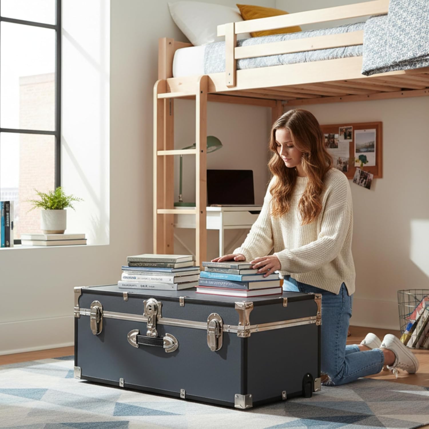 Rolling Storage Trunk Lockable Heavy Duty Gray Metal Chest Portable Secure Organizer With Smooth Wheels