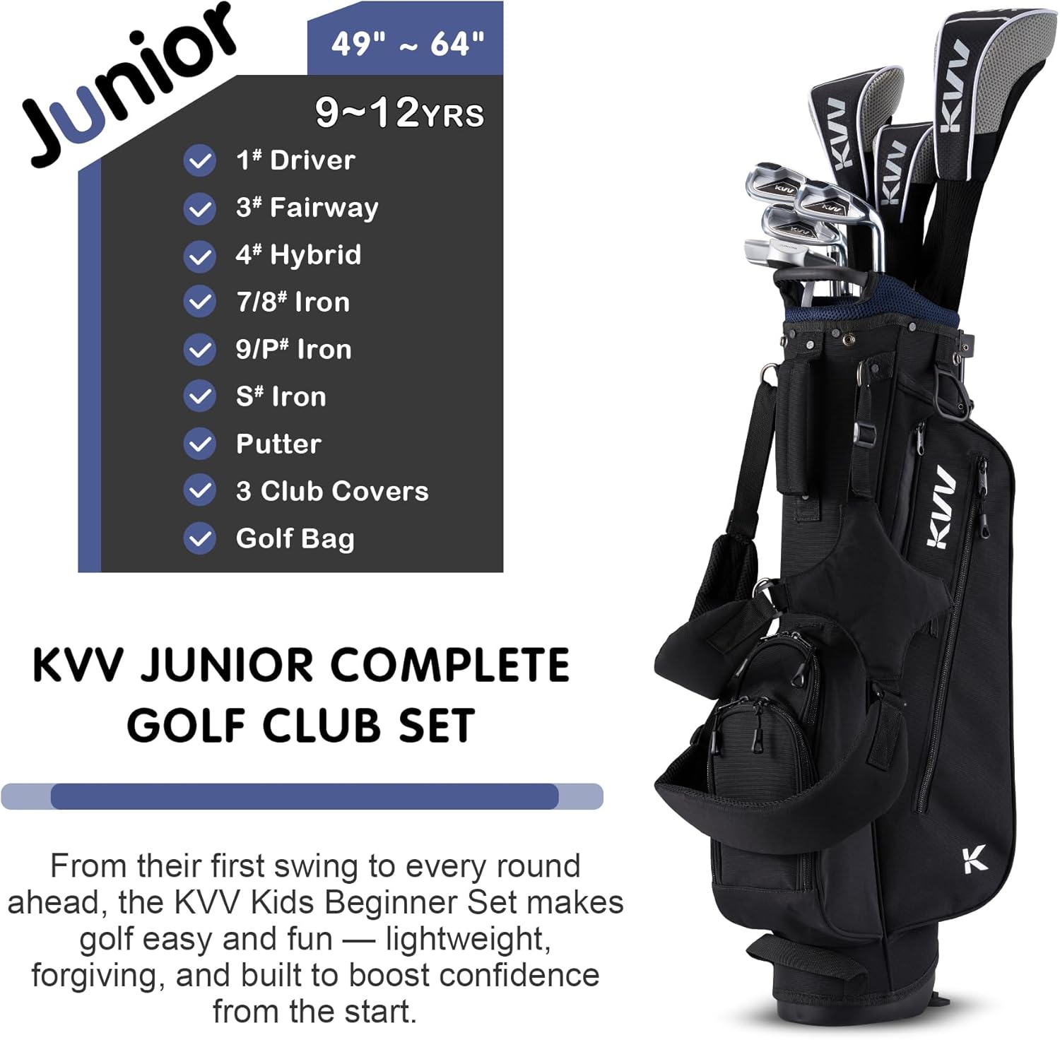 KVV Junior Golf Clubs Set Ages 3-5/6-8/9-12, Complete Kids Golf Set with Lightweight Stand Bag, Driver, Fairway, Hybrid, Irons, Wedge & Putter Right Handed for Girls & Boys