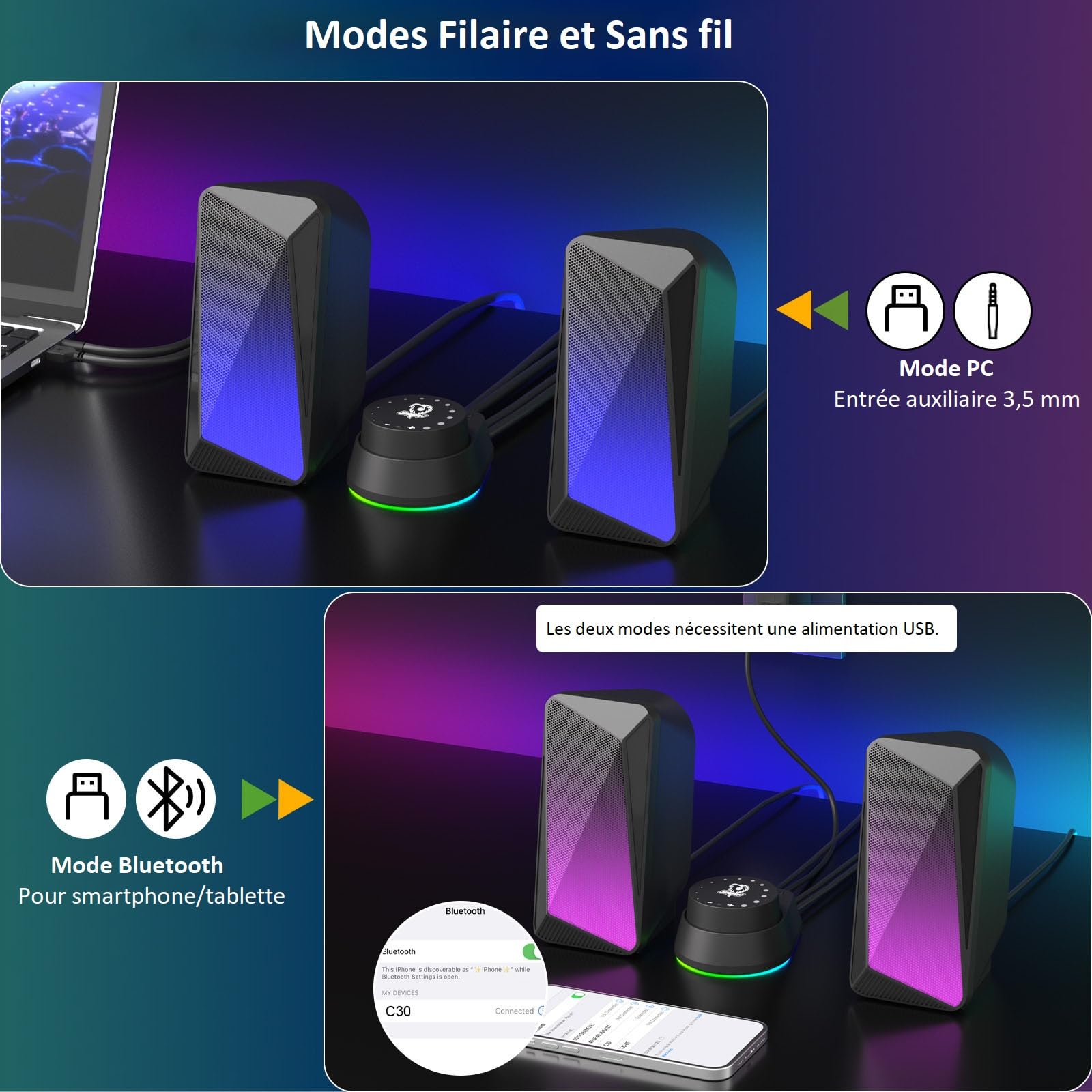 SOULION C30 Enceintes PC Bluetooth pour Bureau, Écran, Portable, Gamer | Haut Parleur Stéréo 2.0, Bluetooth 5.1, Entrée Auxiliaire 3,5 mm, Alimentation USB, éclairage LED Coloré, 1 paire