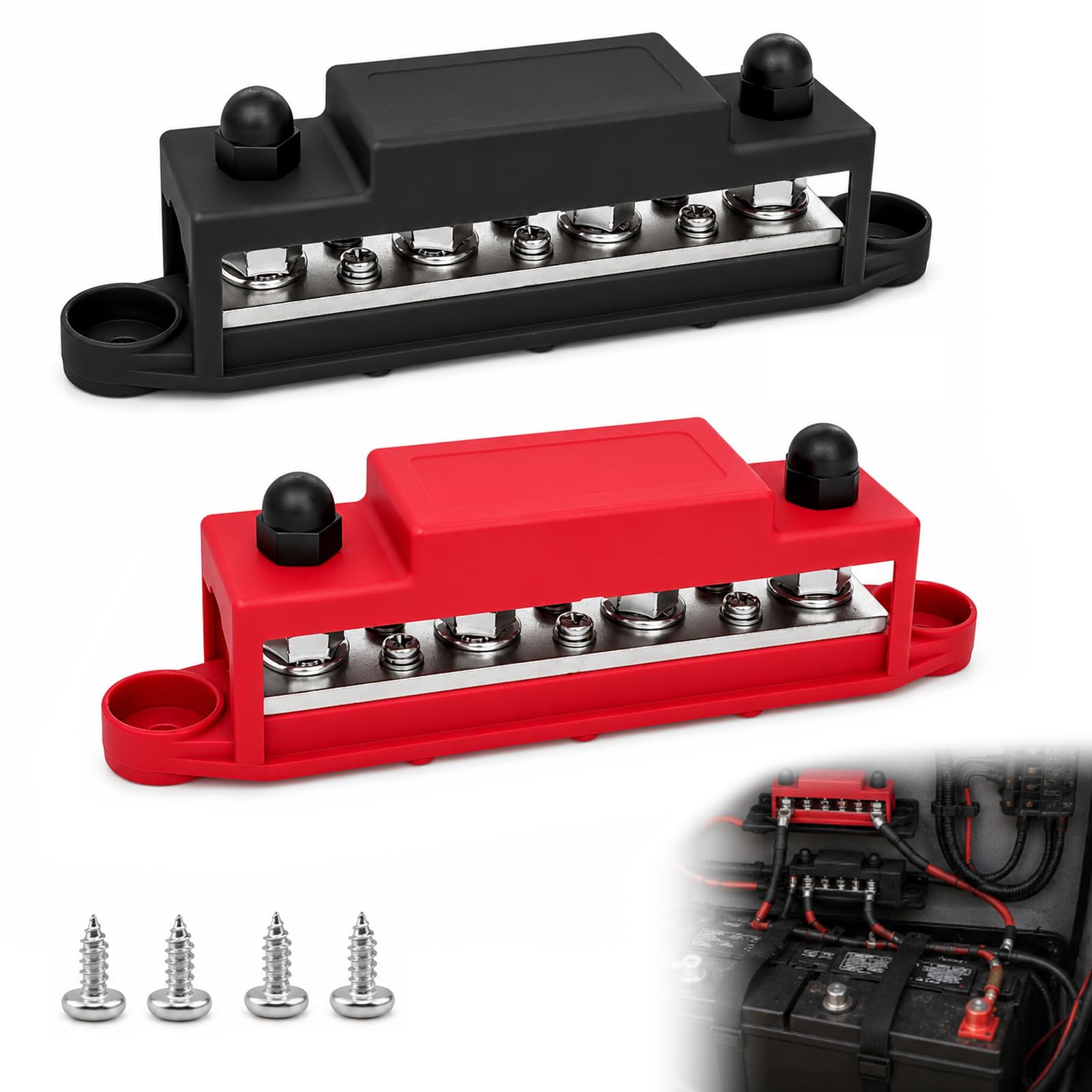 Busbar 12V, Bornier 12V, 2 pièces Bus Bar 250A, Bloc Distribution Camion, Bornier 4 Bornes M8, Bloc de Jonction de Batterie Robuste avec Couverclepour Voiture, Camion, Bateau, Solaire