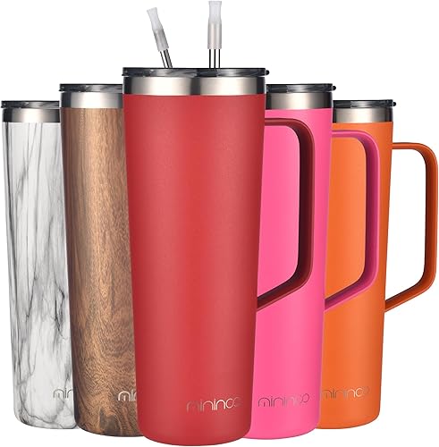 Vaso aislado de 24 onzas con asa, taza de café aislada al vacío de doble pared con tapa y popote, a prueba de fugas (rojo)