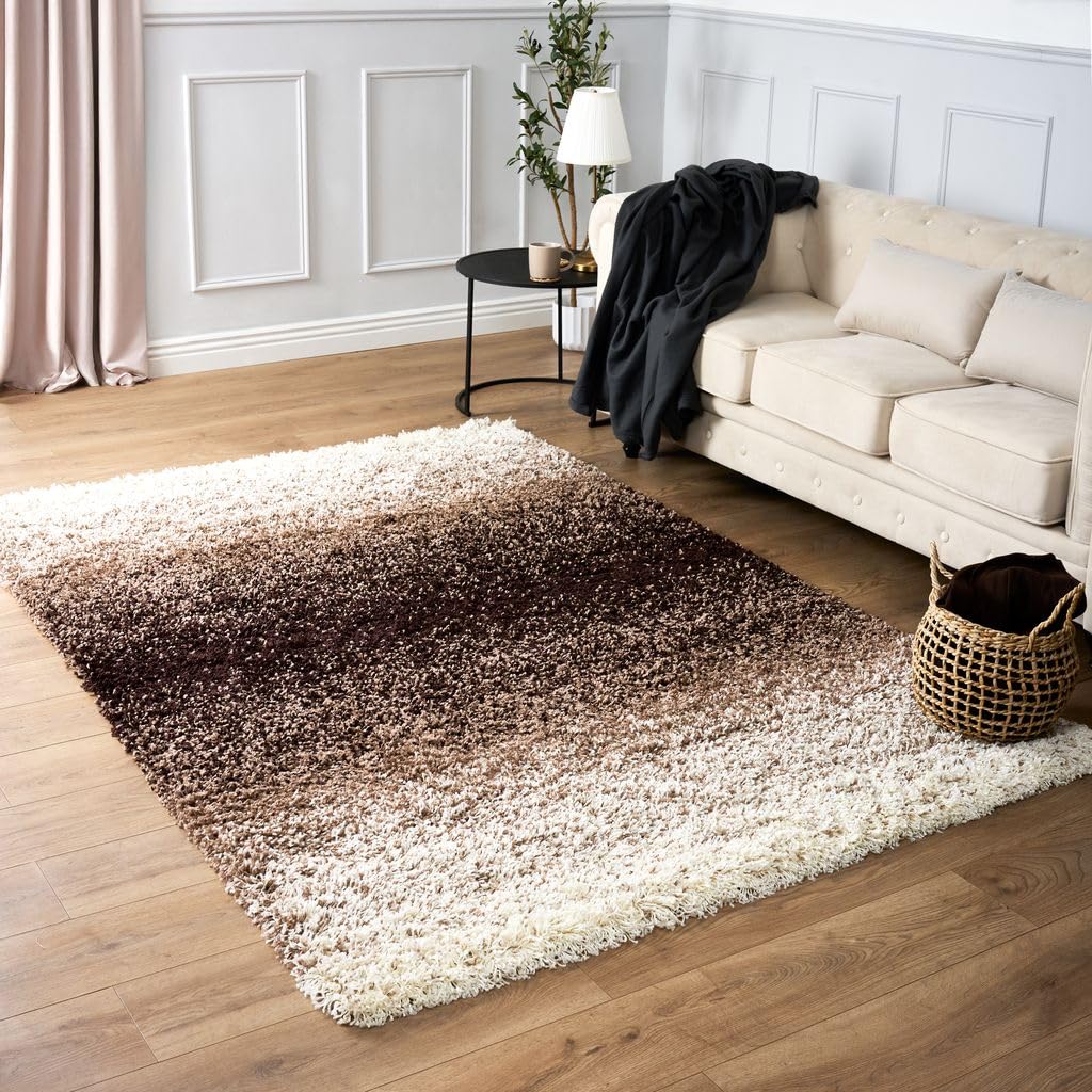 Bravich Extra Large 3 Tone Brown Beige and Cream Mix Super Soft 5cm Thick Shag High Deep Pile Soft Shaggy Area Rugs Modern Carpet Living Room Bedroom Mats 160x230 cm (5ft3 x 7ft7) — image 1