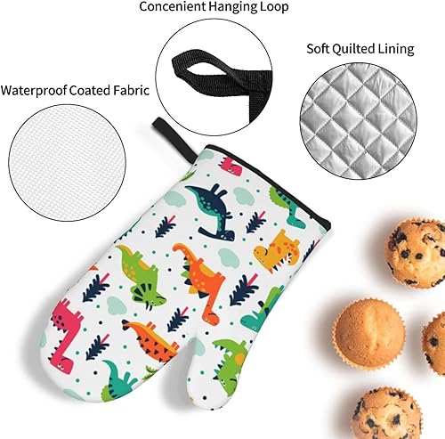 Miniatura 5 de Juego de 4 manoplas de horno y agarraderas de dinosaurio Kawaii con diseño de dinosaurio, guantes resistentes al calor para cocina, hornear, asar a