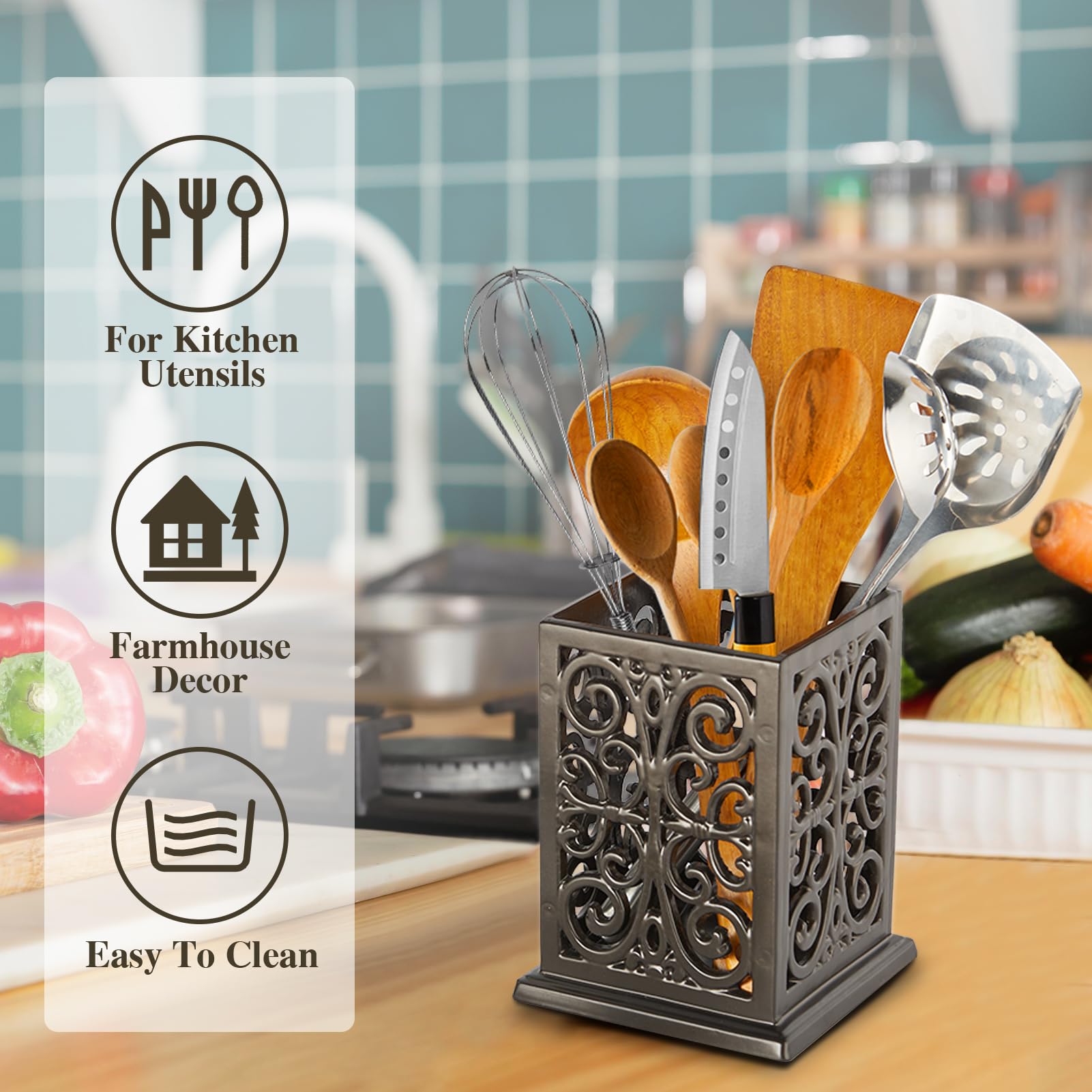 jogreful Utensilienhalter, Gusseisen, Küchenutensilien-Topf für Arbeitsplatte, extra großer Utensilien-Organizer mit beschwertem Boden, Vintage-Dekoration, klassischer Stil, Kaffee-Gold