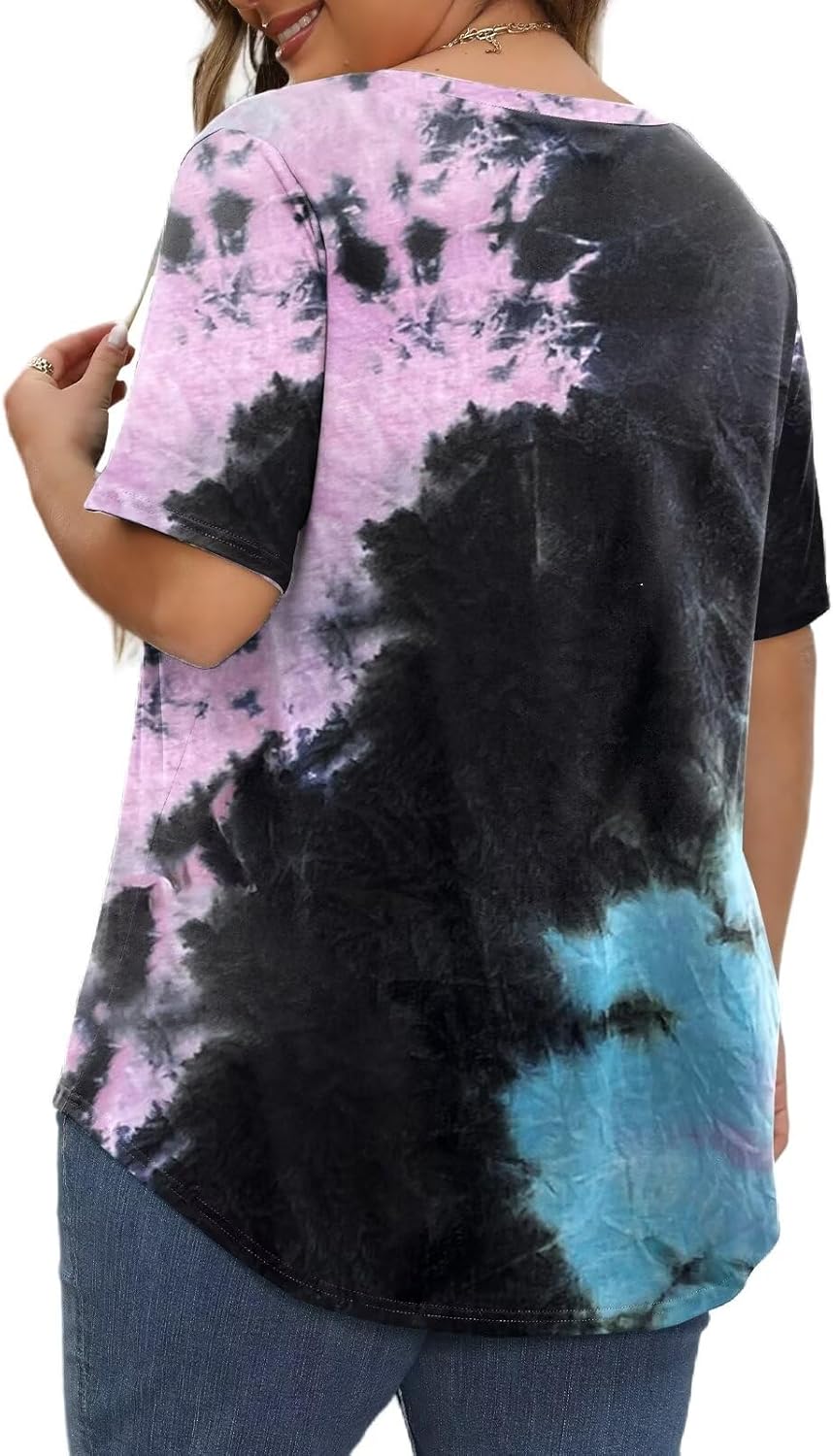 DOLNINE Womens Plus Size Tops Tie Dye Casual V Neck Summer Short Sleeve Loose Fit Shirts XL-5XL - Image 2