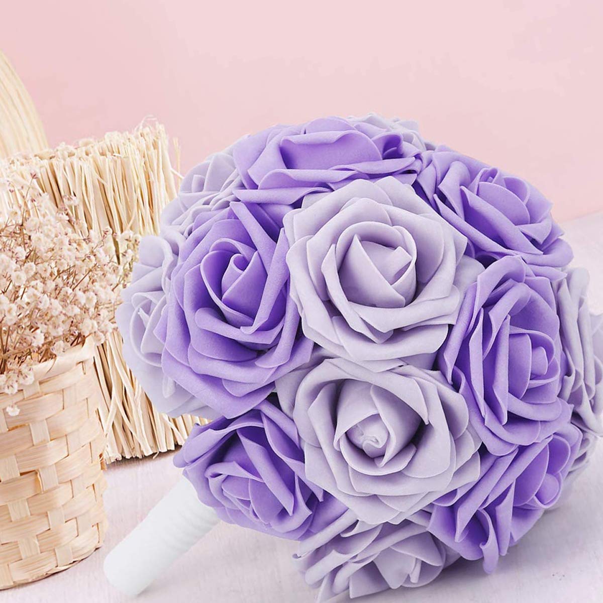 Higfra 25 rosas artificiales de espuma de aspecto real con tallos para ramos de boda, centros de mesa de despedida de soltera, arreglos de mesa de fiesta para el día de la madre