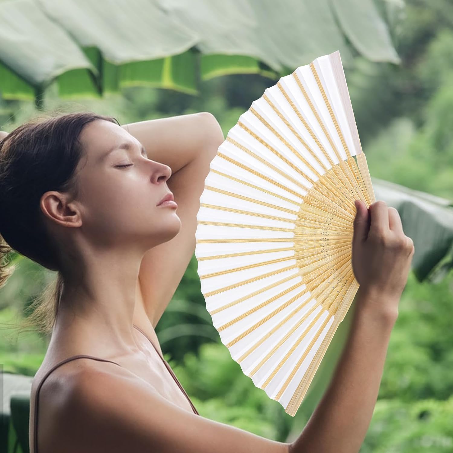 2Pcs White Fabric Silk Handheld Folding Hand Fan Bamboo Ribs Chinese Japanese Style for Dancing, Party, Summer, Festival, Event Favor Birthday Wedding Guests Souvenir, Women Accessories and Gifts