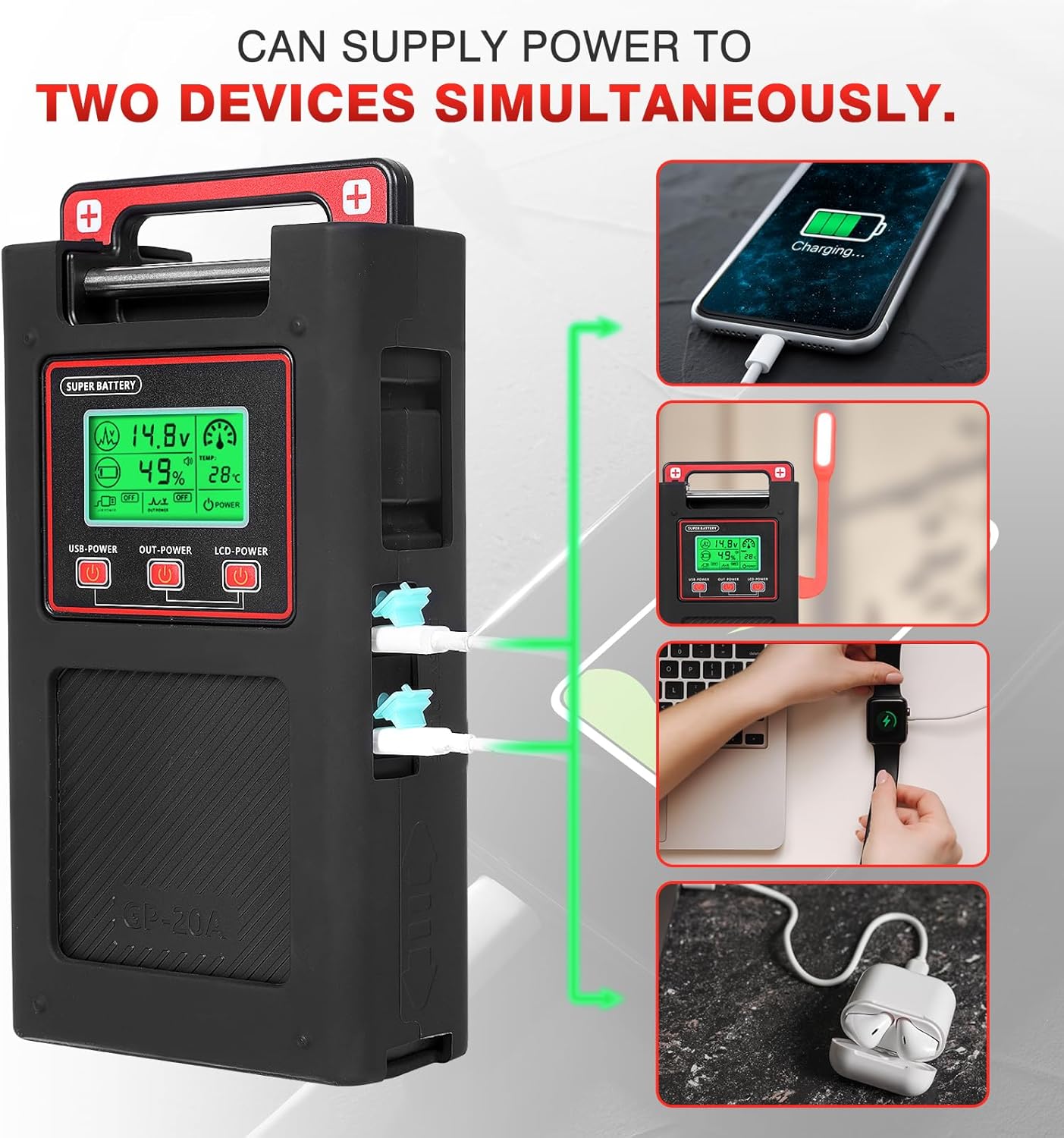 New Electric Reel Battery. 14.8V 20000mAh. Includes 1.5M Connecting Cable. Power Output. USB Port. Display. Three Modes Turn on or Off Individually. Smarter Battery Make Fishing More Fun.