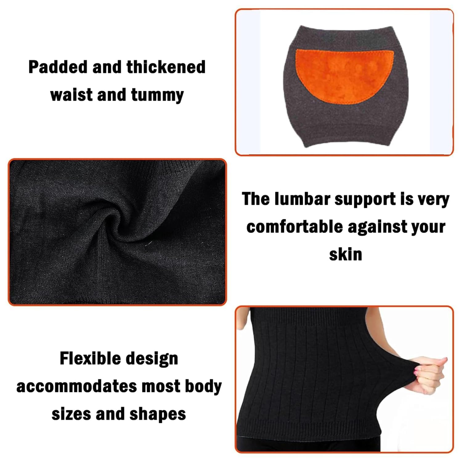 Risipu Cinturón térmico de cachemira para mujer, invierno, elástico, soporte para la cintura y el abdomen, alivio para la espalda, la columna lumbar y el dolor menstrual (Negro con forro polar, talla