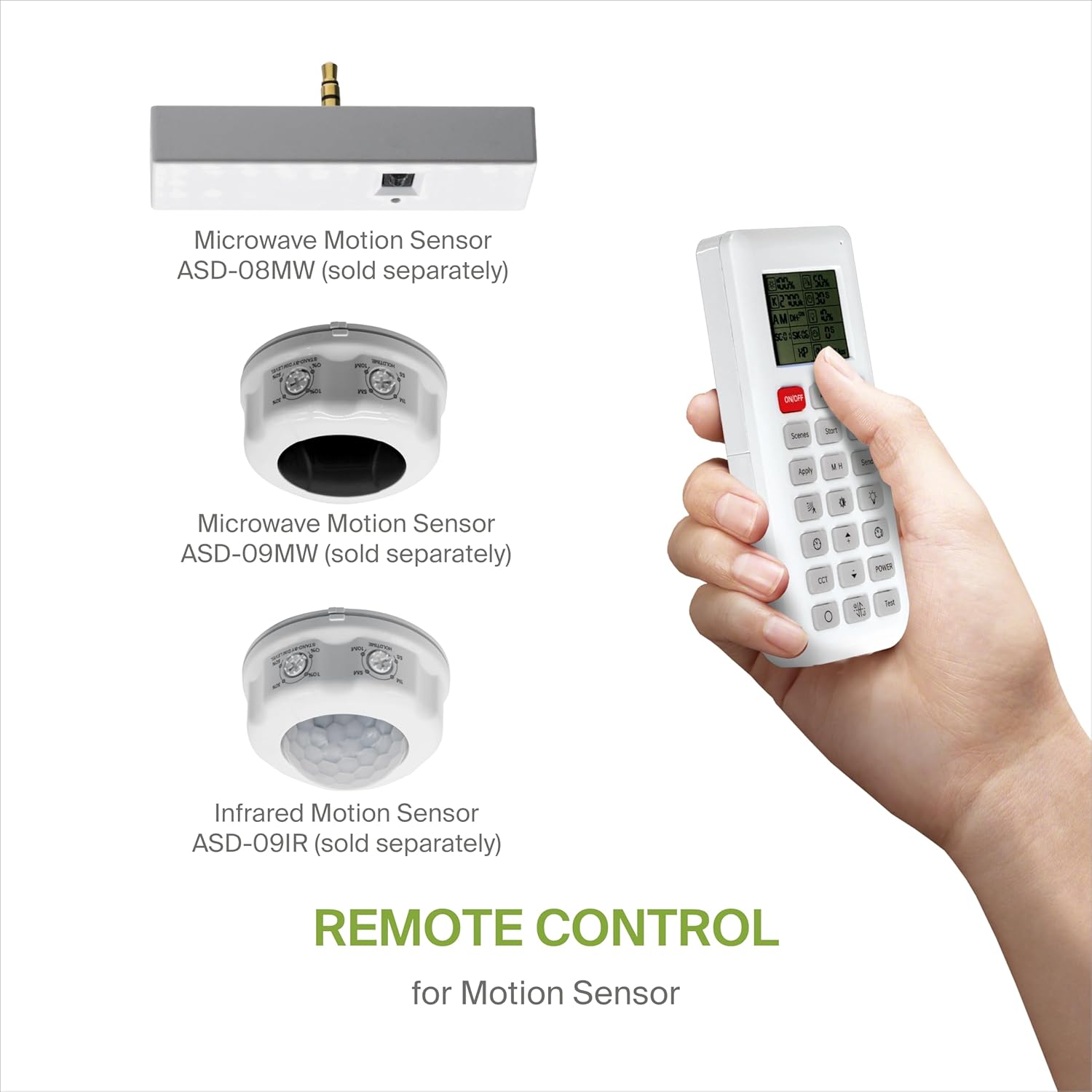 ASD Remote Control shown with three different ASD motion sensors