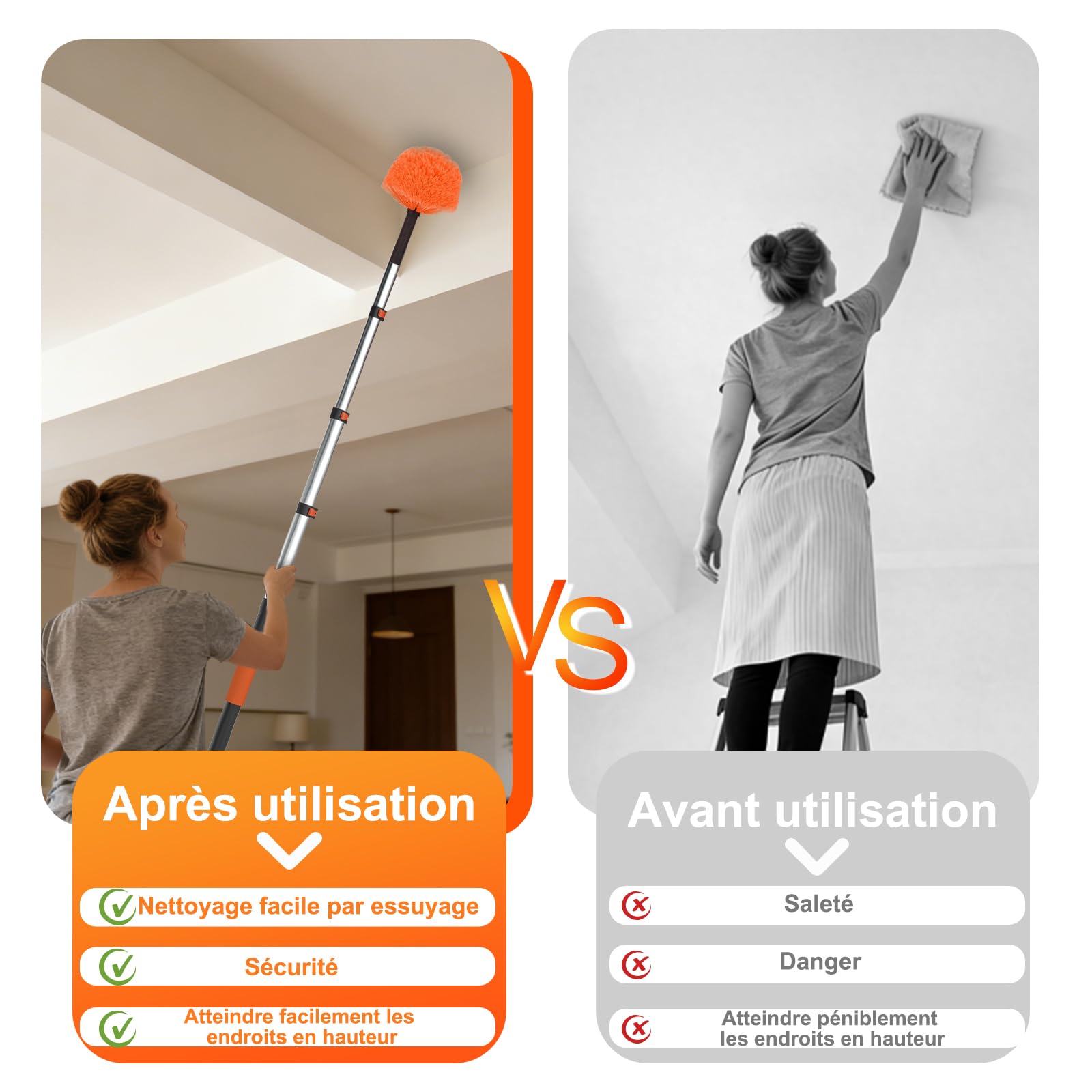 LAANPOLE Plumeau Poussiere avec 6m Perche Telescopique, Nettoyeur de Murs et Plafond, Tete de Loup de Ventilateur de Plafond, 2-en-1 Raclette Vitre Professionnel