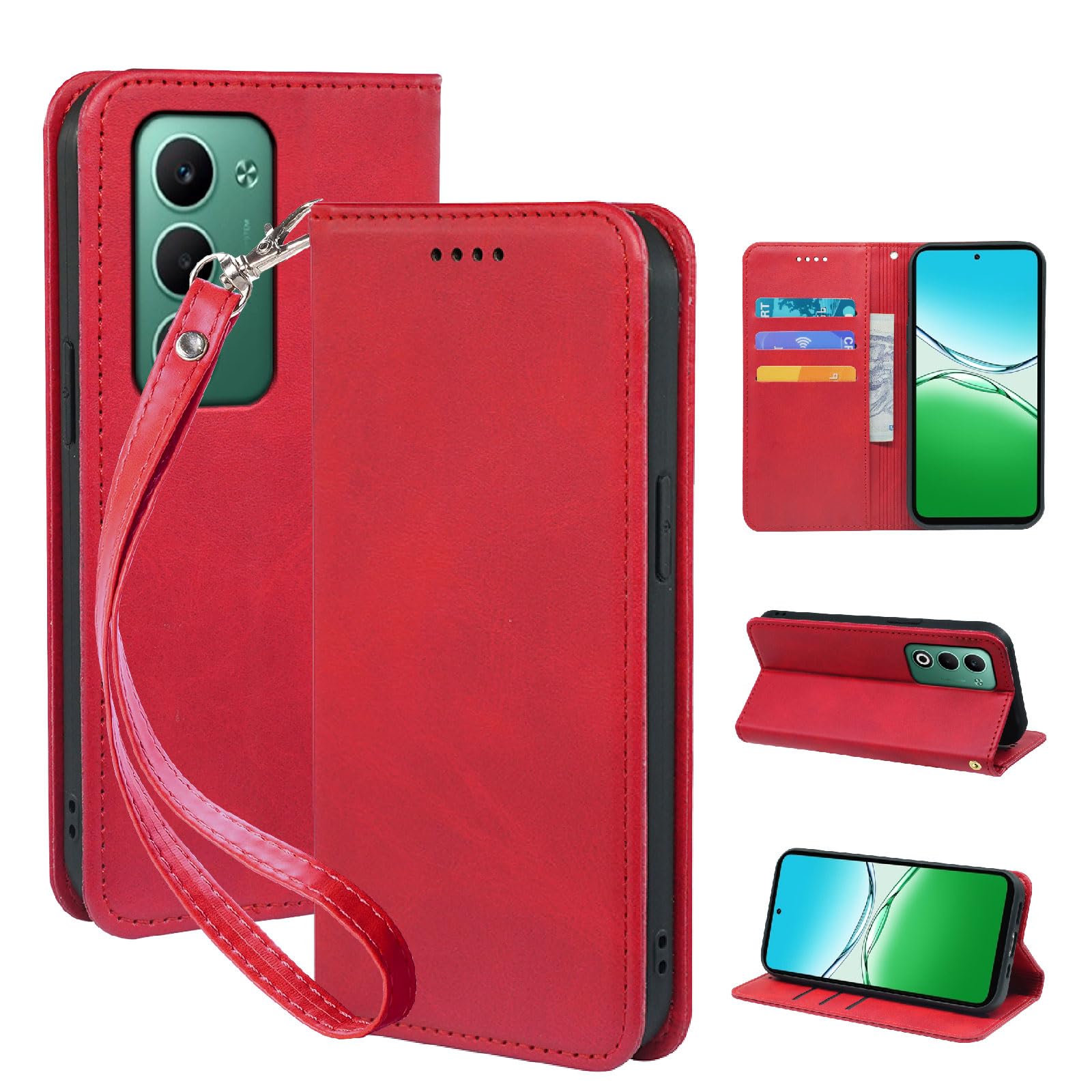 Seninhi 対応 OPPO A5 5G ケース 手帳型 手縫いレザー OPG06 A502OP スマホカバー 財布型 カード収納 スタンド機能 耐衝撃 360°保護 ベルトループ付き (レッド)