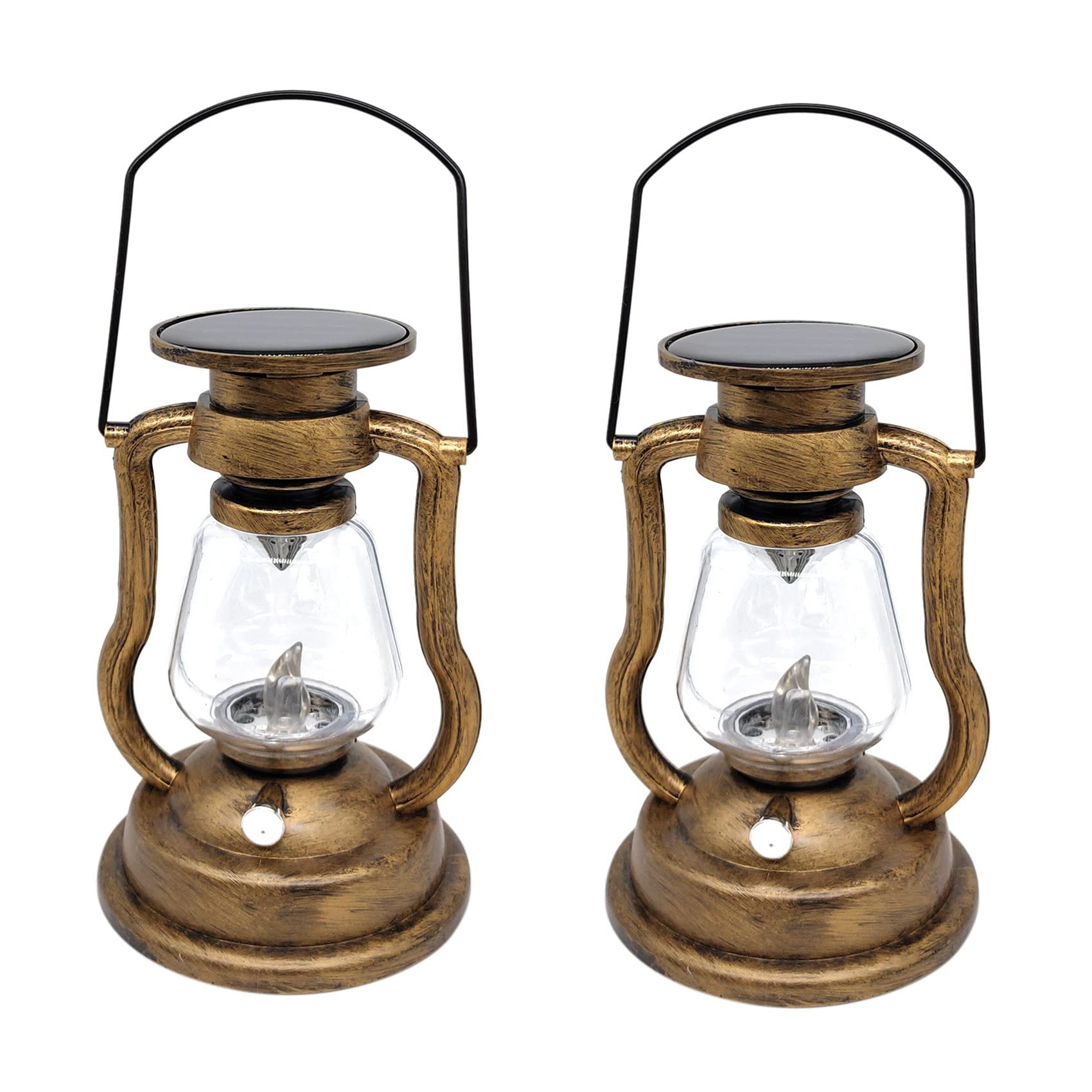 Hndhbfgrt 2X Retro Solar Hanging Candle Light LEDs Oil Lamp Flickering Flameless Solar Lantern Outdoor Garden Yard Lighting-Gold