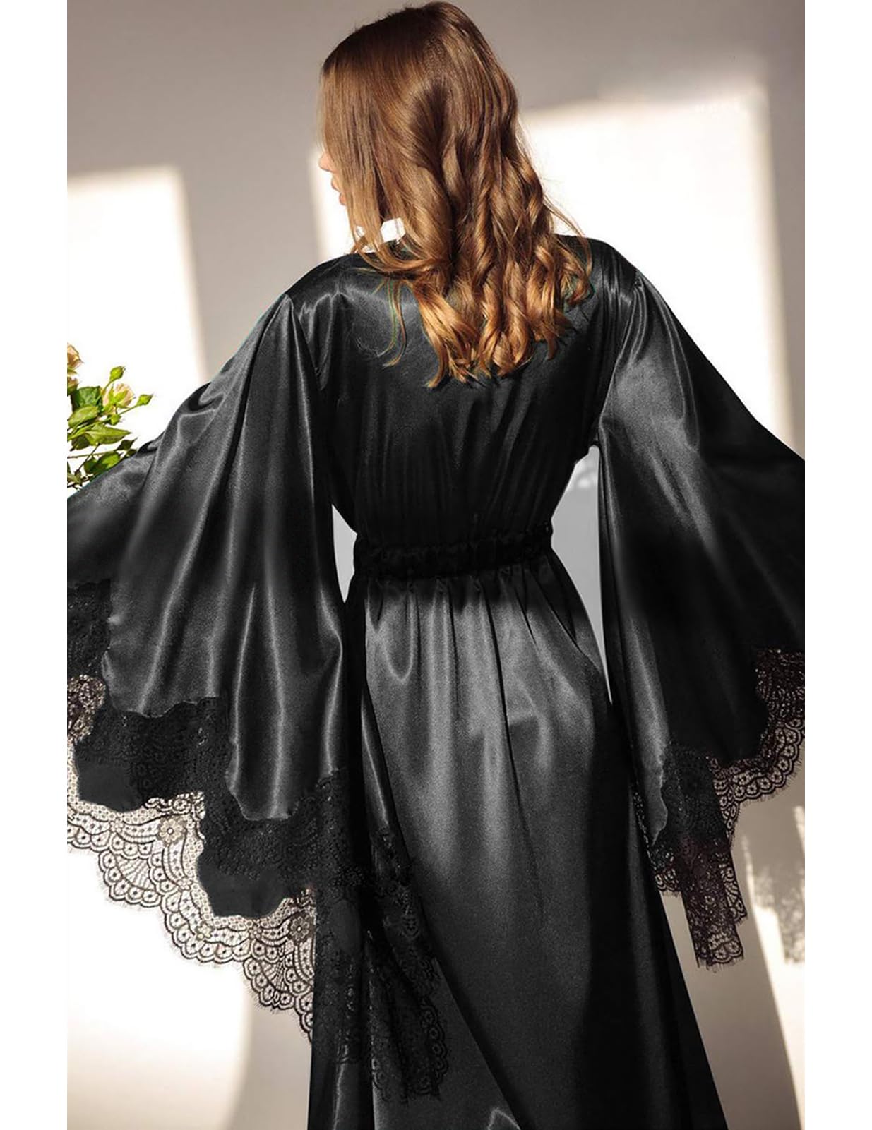 BATHGOWN Robe longue boudoir en satin de soie pour femme avec dentelle et longueur au sol