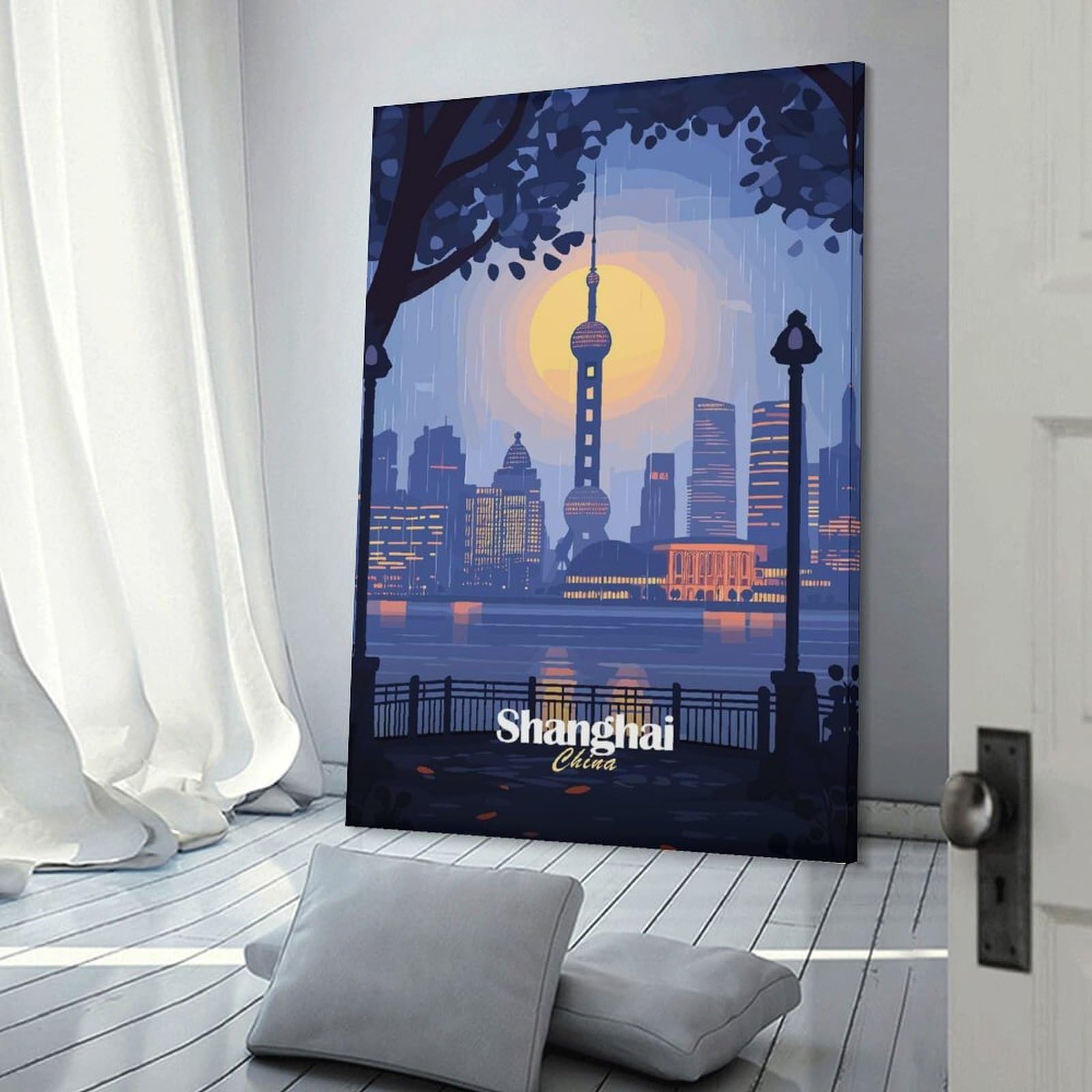 Junmoney Shanghai Skyline(2) Canvas Wall Picture, 24x36inch(60x90cm), for Wall Displays, Bedrooms Or Room Updates, Wall Decor Suited to Curated Displays