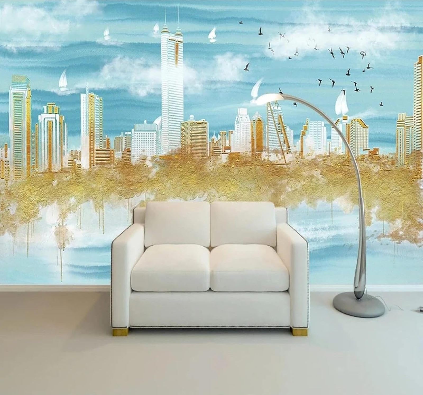 Xlming 150Cm×105Cm(B×H) Abstract Gold Leaf City Architecture Flying Birds Landscape 3D Wallpaper Silky Texture Home Study Office Grey Dining Room Sofa Bedroom Living Room Tv Backdrop-150Cm×105Cm