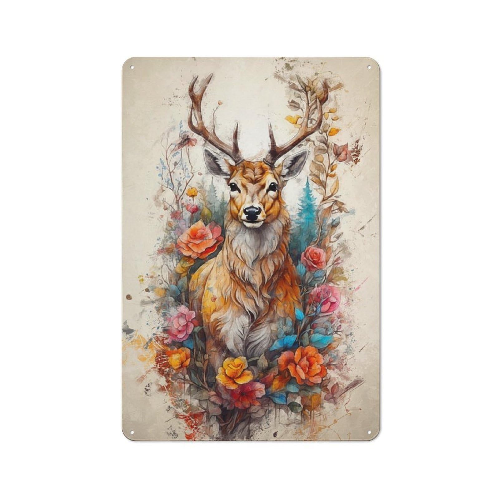 Junmoney The Deer In The Flowers Printed Metal Sign 30X20cm For Kitchen Or Home Bar, Housewarming Present For People Styling Kitchen And Home Bar