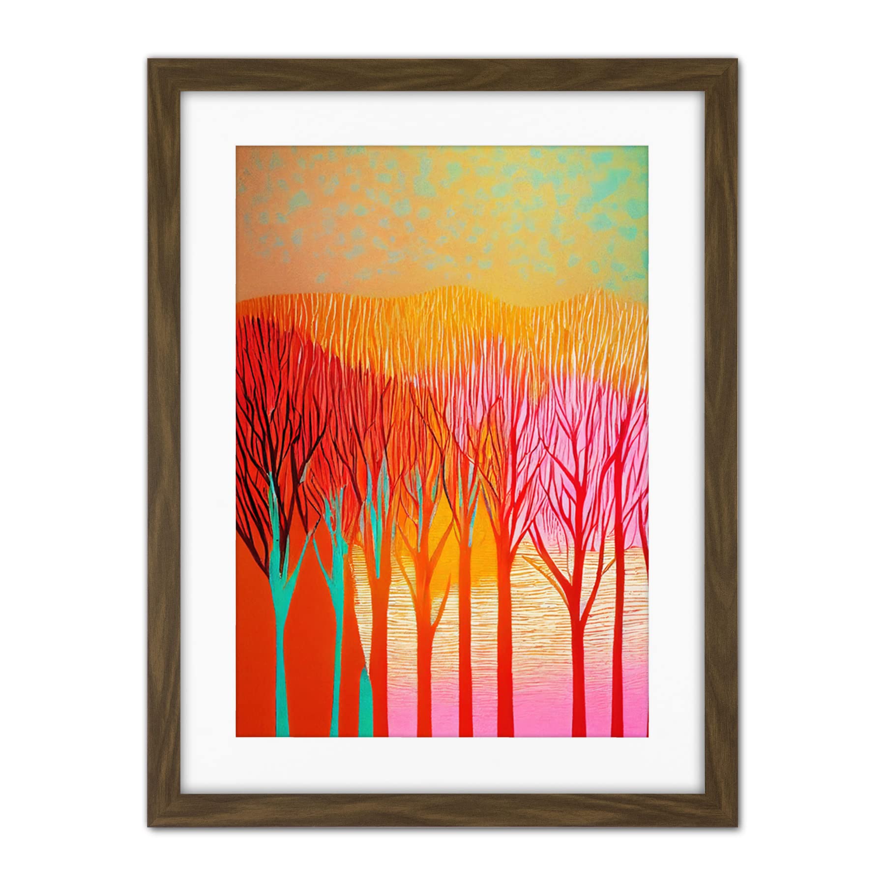Doppelganger33 LTD Forest Treetops Linocut Illustration Vibrant Bold Artwork Framed Wall Art Print 18X24 Inch