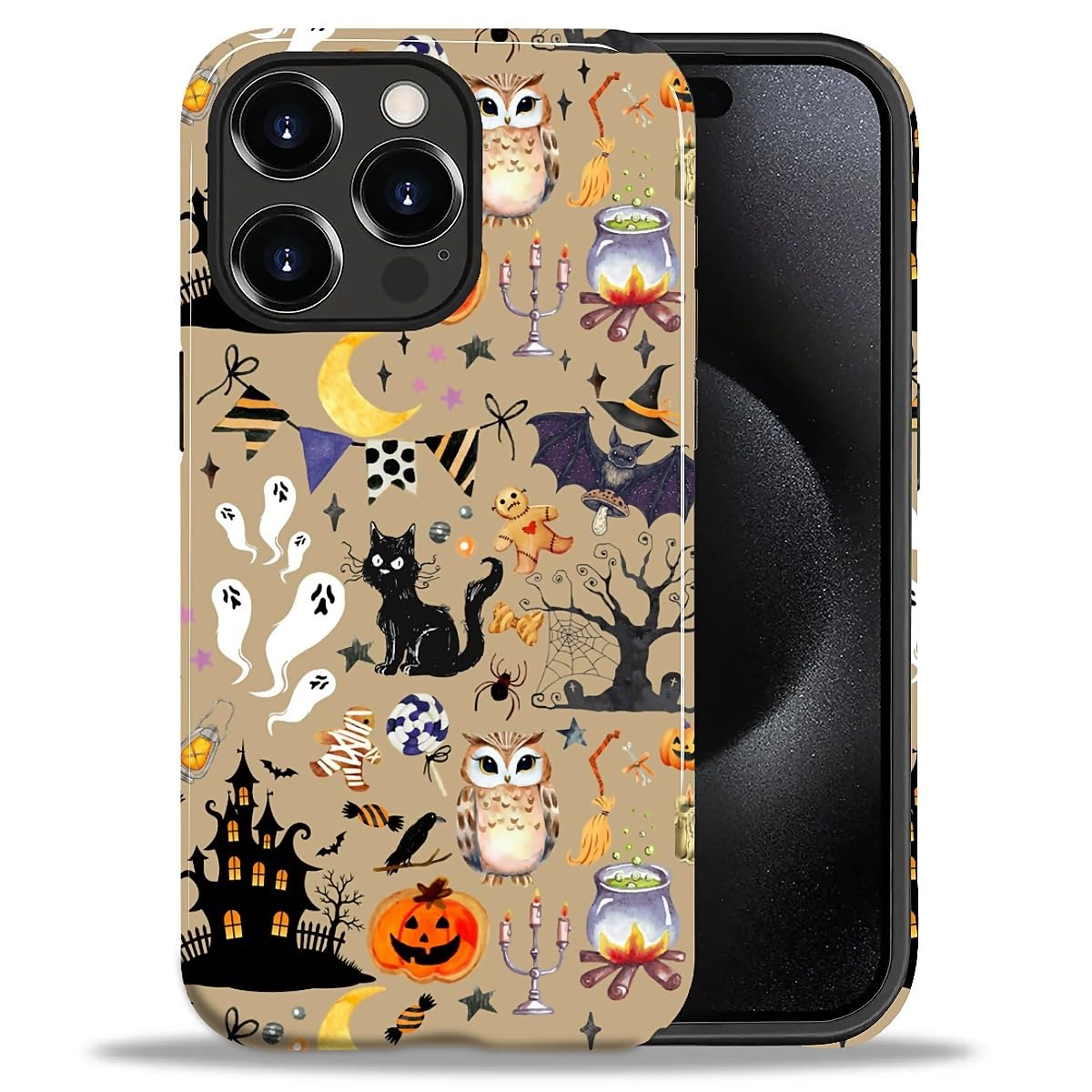 Flivro Case for iPhone 15 Pro Max, PC Hard Shell & Silicone Inner Bumper, Anti-Scratch Full-Body Cover Shockproof Slim Design -Vintage Halloween Owl