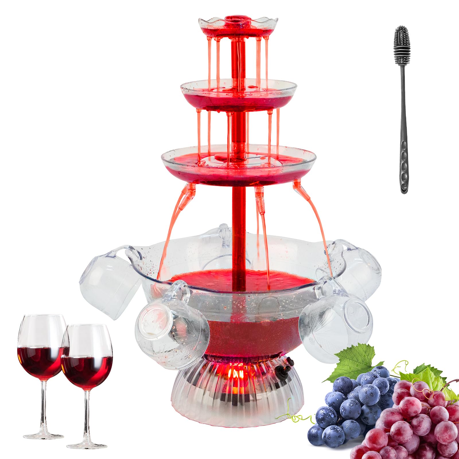 Fontaine de fête transparente à 3 niveaux, fontaine de fête à vin rouge avec 5 tasses pour boissons au vin liquide, base éclairée par LED, placement stable, pour jeux à boire, bar, fête d'anniversaire