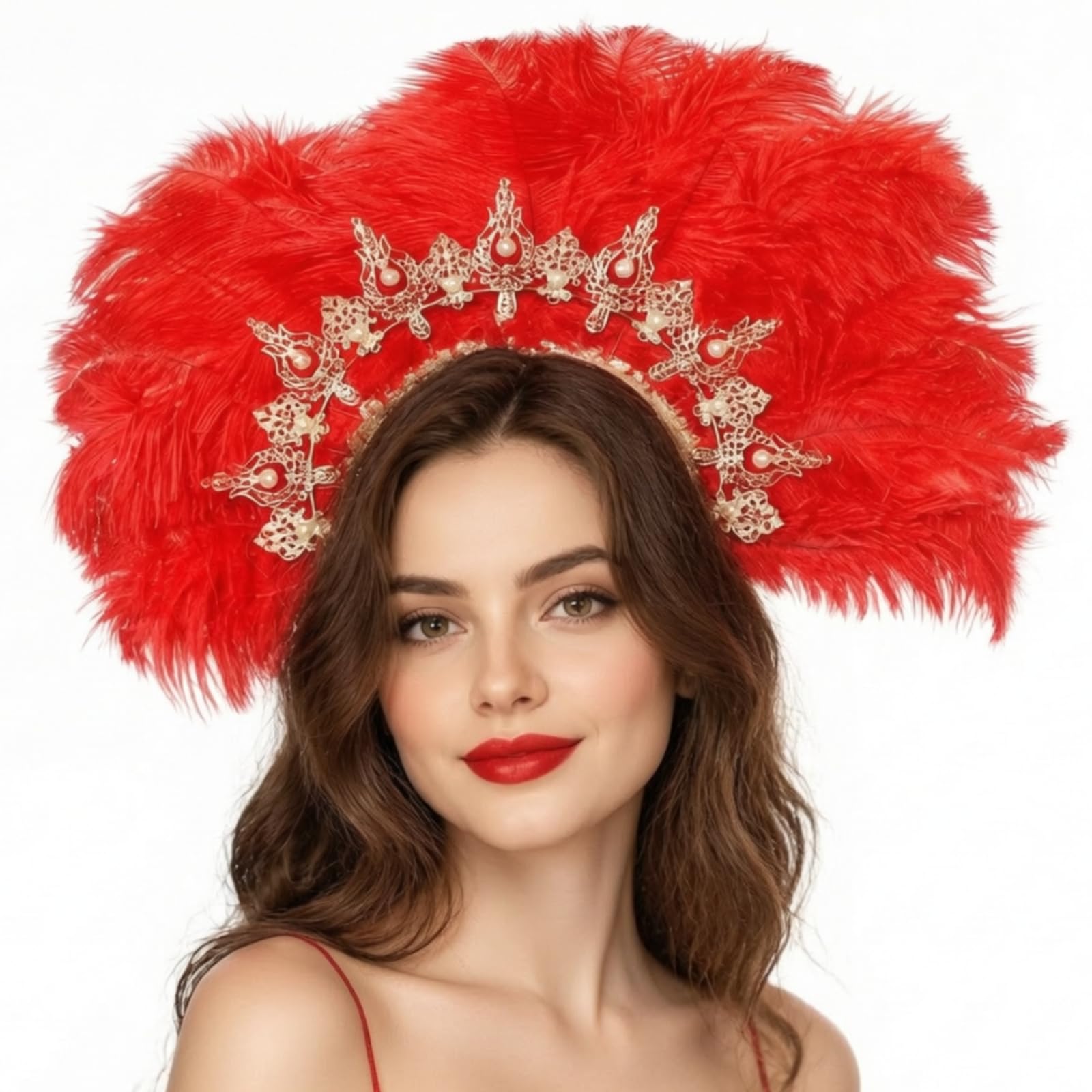 Adorno Plumas Ligero | Dorado corativo, Corona, Gran, Accesorio, para Carnaval, escenario, Actores, Rojo