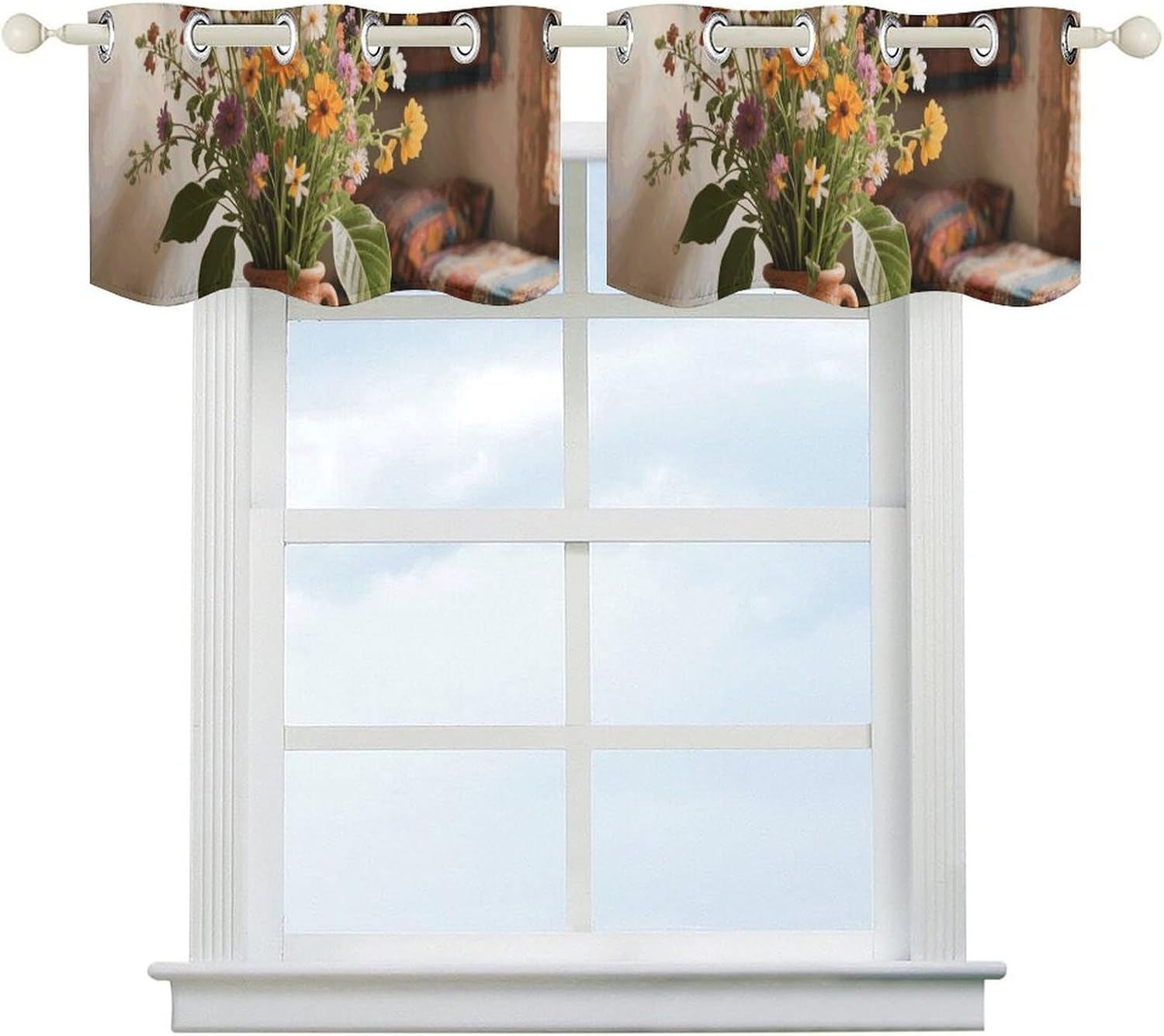 Boho Floral Valance for Windows, 2 Pack Kitchen Curtains Modern Home Decor, Soft Blackout Window Curtains for Living Room & Bedroom, 18 X 52 Inch