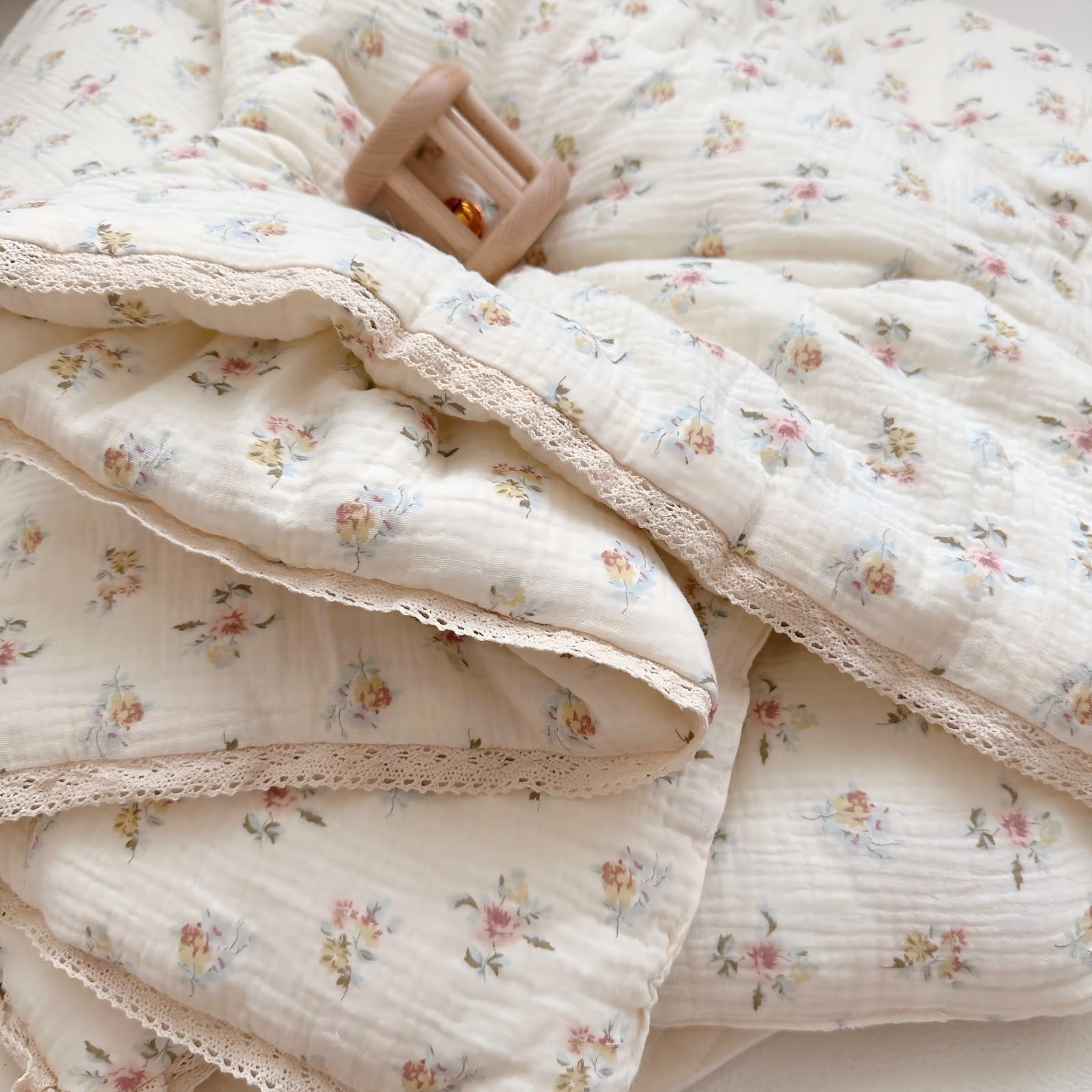 BuLuTu 4-Layer Muslin Toddler Blanket - 47"x51" Soft Cotton Reversible Nursery Quilt (Glorios Flowers) - View #8